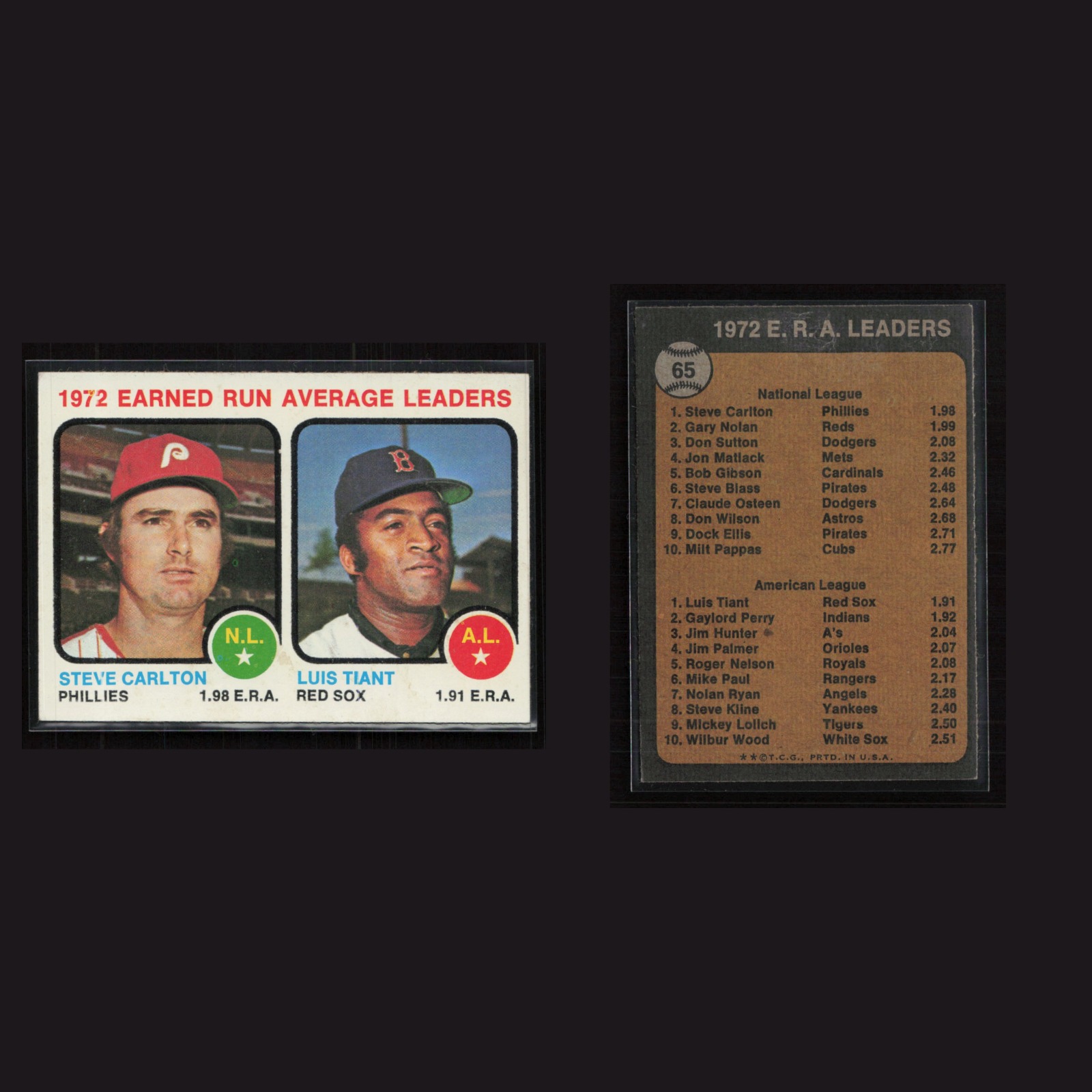 1973 Steve Carlton / Luis Tiant #65 EX Topps Vintage Baseball Card Set-Break MLB front and back scans. Card condition is Excellent.
