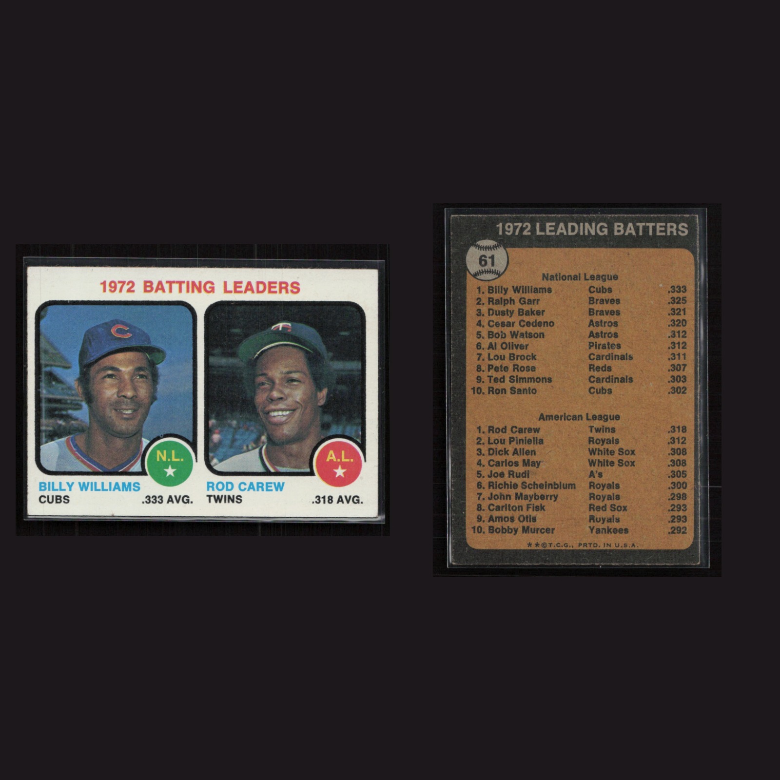 1973 Billy Williams / Rod Carew #61 EX Topps Chicago Cubs / Minnesota Twins Card front and back scans. Card condition is Excellent+.