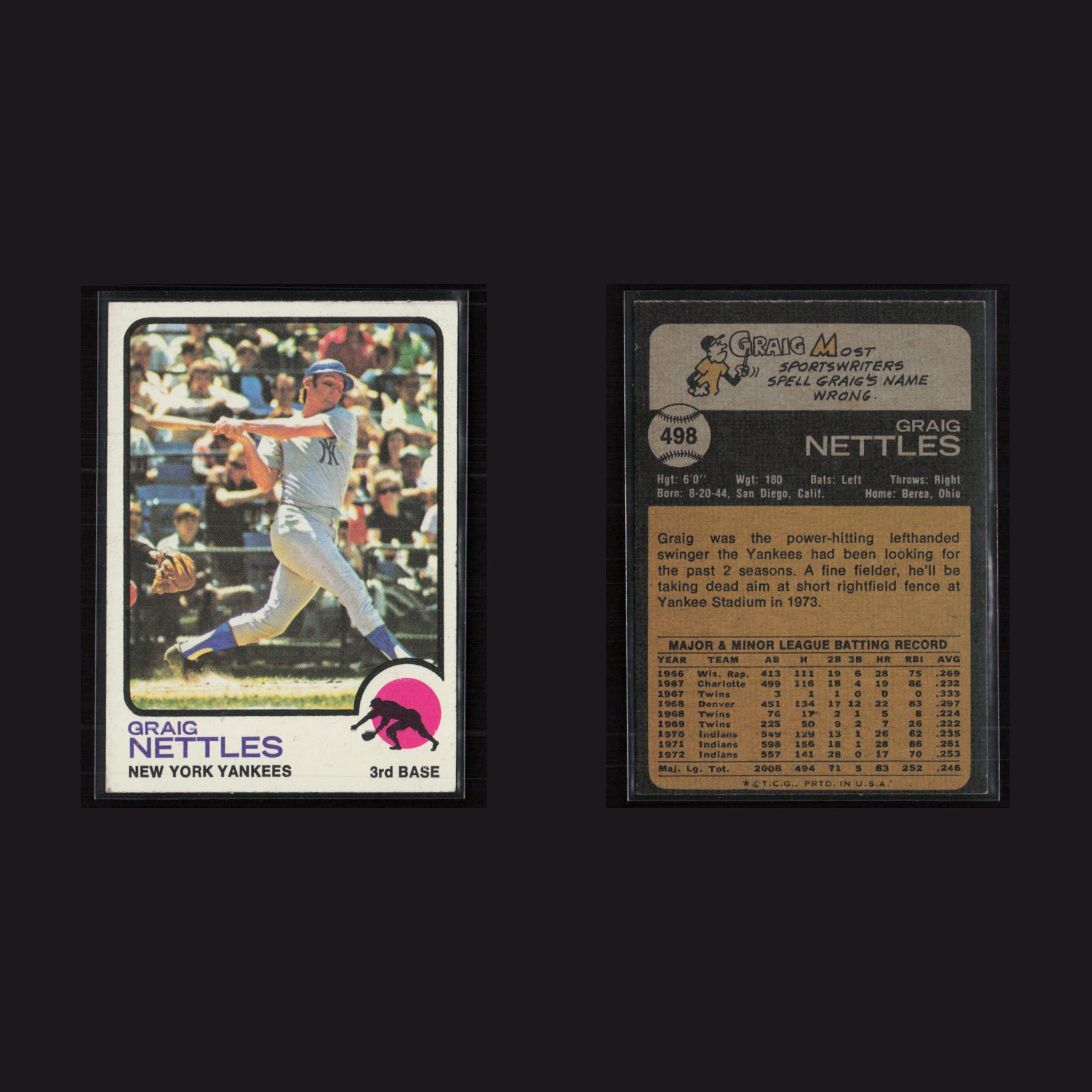 1973 Graig Nettles #498 EX Topps New York Yankees Vintage Baseball Card MLB front and back scans. Card condition is Excellent+.