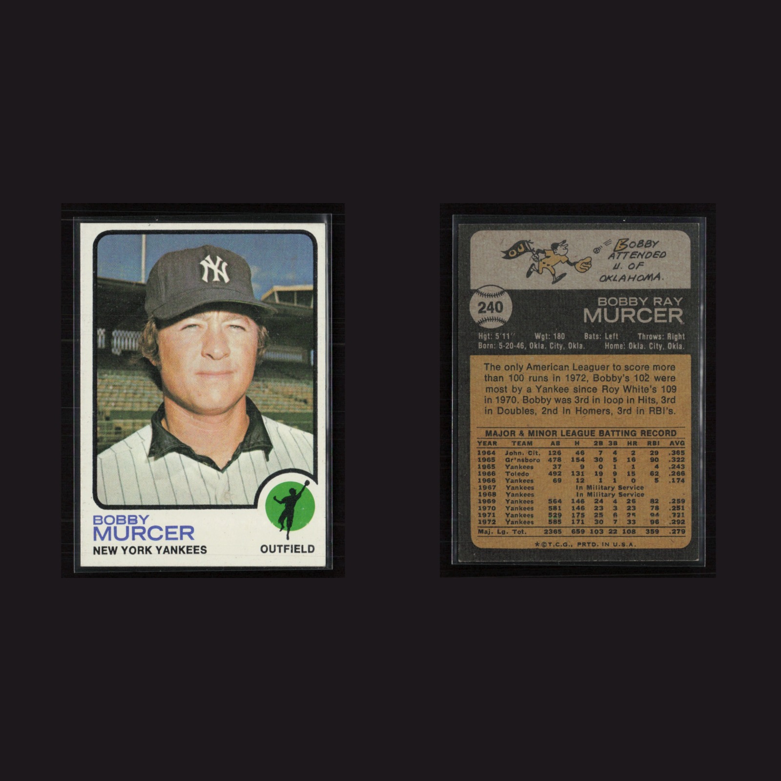 1973 Bobby Murcer #240 EX Topps New York Yankees Vintage Baseball Card Set-Break front and back scans. Card condition is Excellent+.