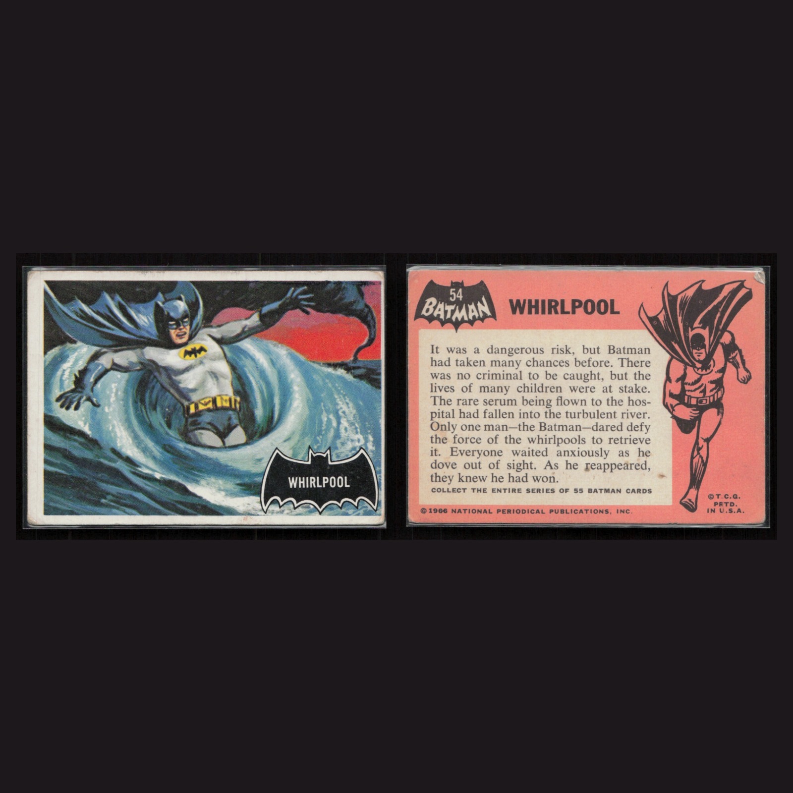 1966 Topps Batman #54 Batman - Whirlpool Black Bat VG-EX Non-Sport Card front and back scans. Card condition is Very Good-Excellent.
