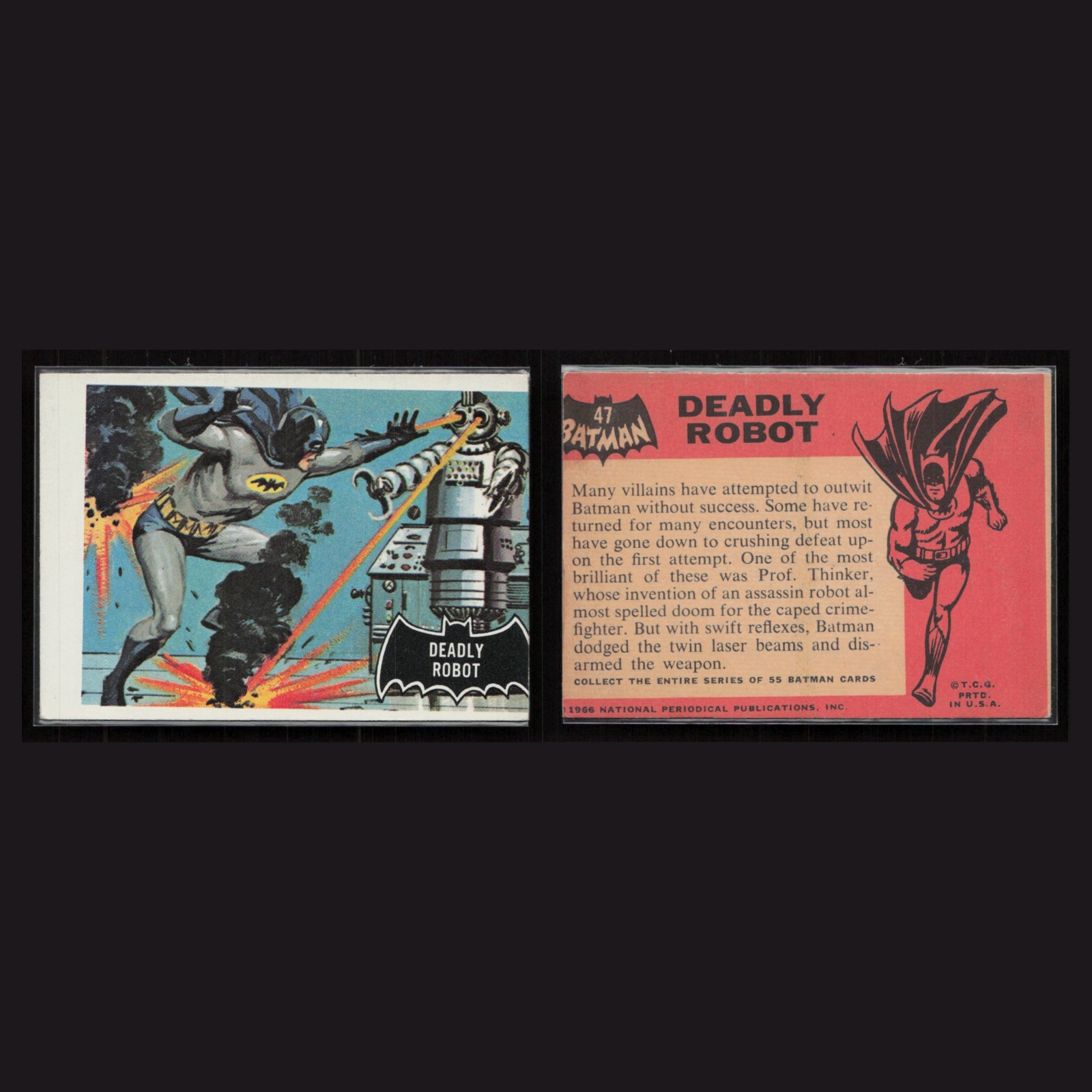 1966 Topps Batman #47 Batman - Deadly Robot Black Bat EX Non-Sport Card front and back scans. Card condition is Excellent+.