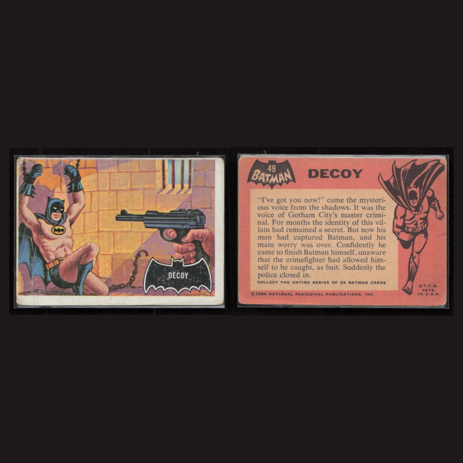 1966 Topps Batman #49 Batman - Decoy Black Bat VG-EX Non-Sport Card front and back scans. Card condition is Very Good-Excellent.