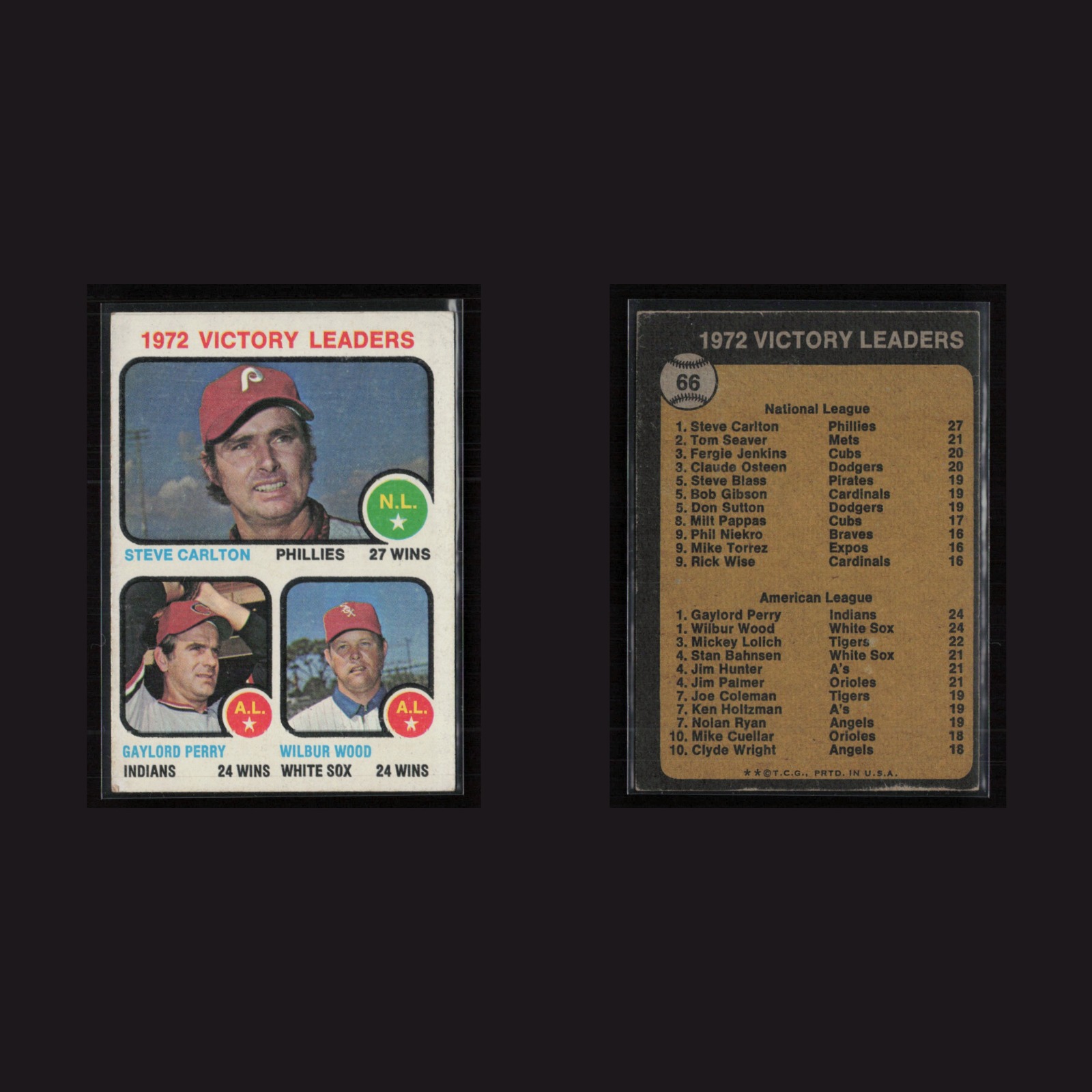 1973 Steve Carlton / Gaylord Perry / Wilbur Wood #66 EX Topps Vintage Baseball front and back scans. Card condition is Excellent.