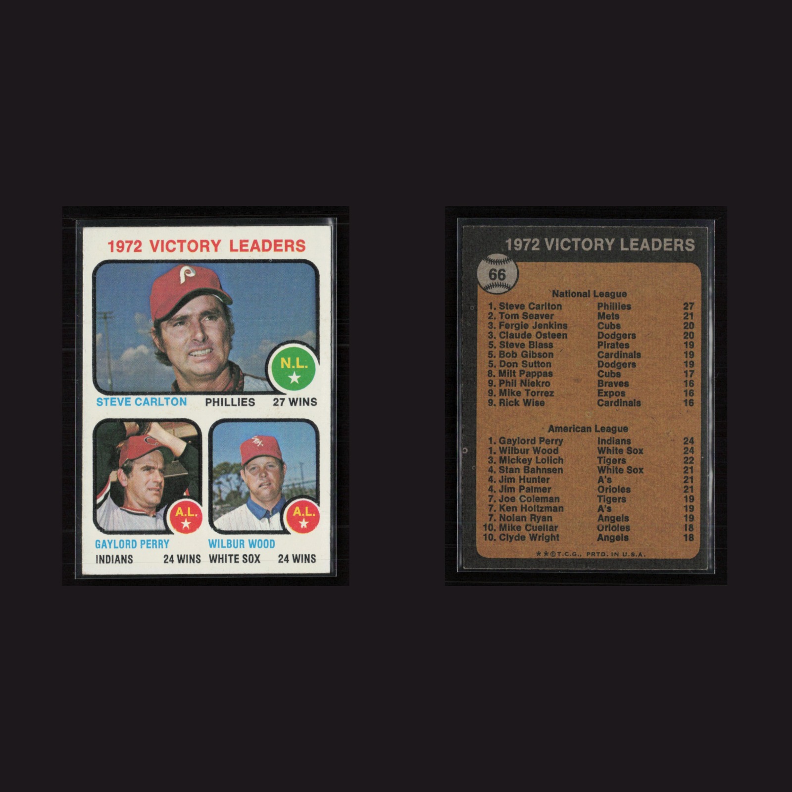 1973 Steve Carlton / Gaylord Perry / Wilbur Wood #66 NM Topps Victory Leaders front and back scans. Card condition is Near Mint.