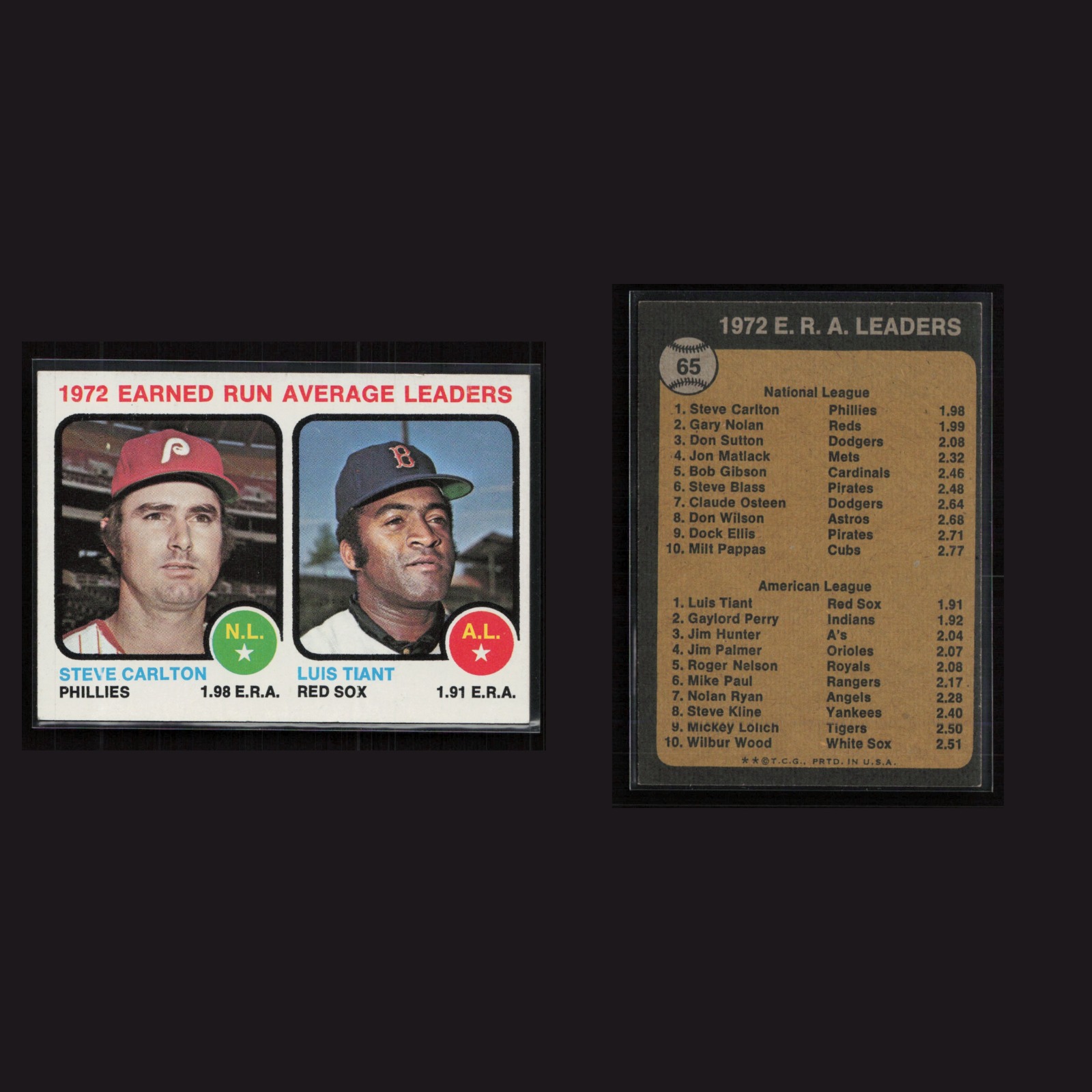 1973 Steve Carlton / Luis Tiant #65 NM Topps Phillies / Red Sox Vintage Baseball front and back scans. Card condition is Near Mint.