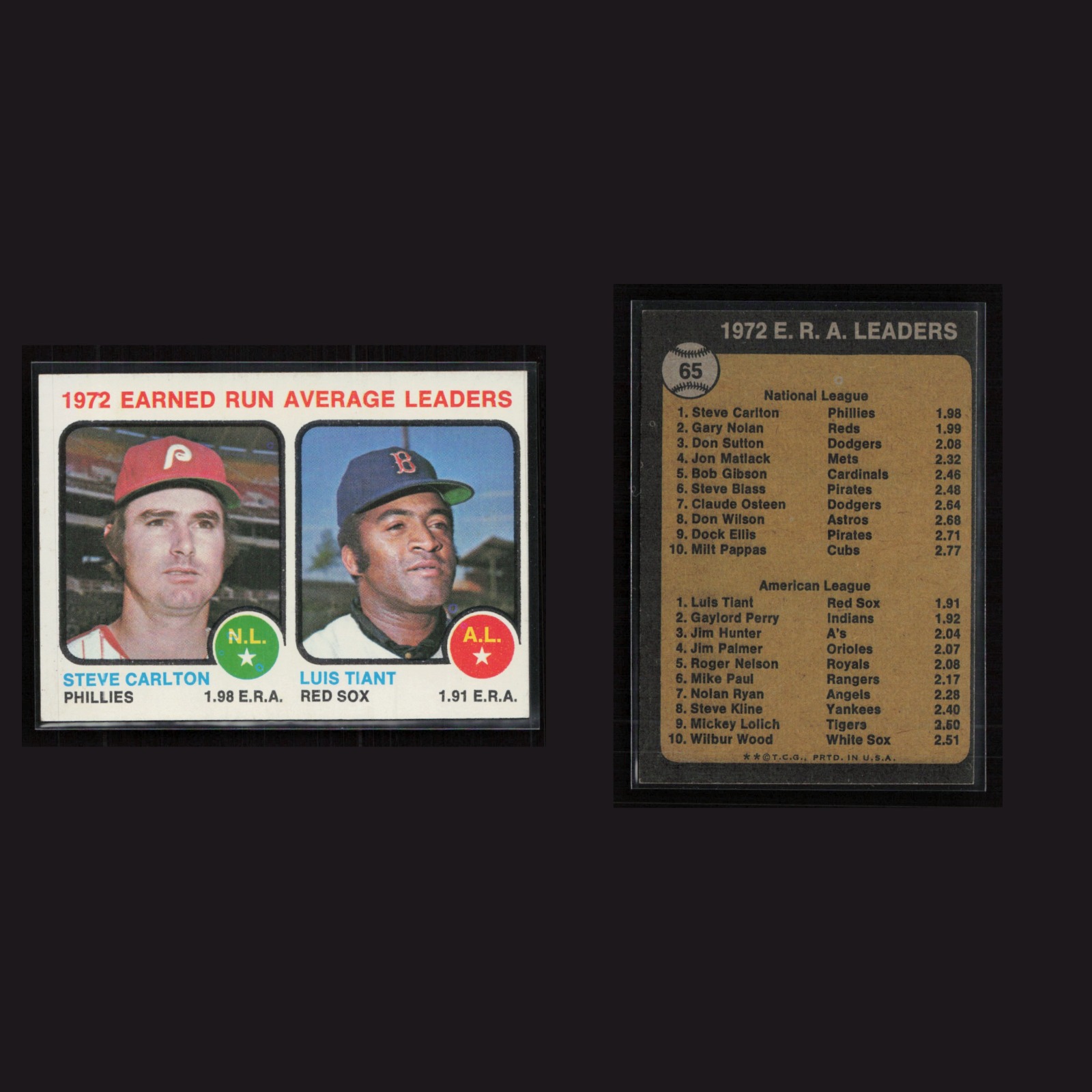 1973 Steve Carlton / Luis Tiant #65 EX-EXMINT Topps Vintage Baseball Card MLB front and back scans. Card condition is Excellent-Near Mint.