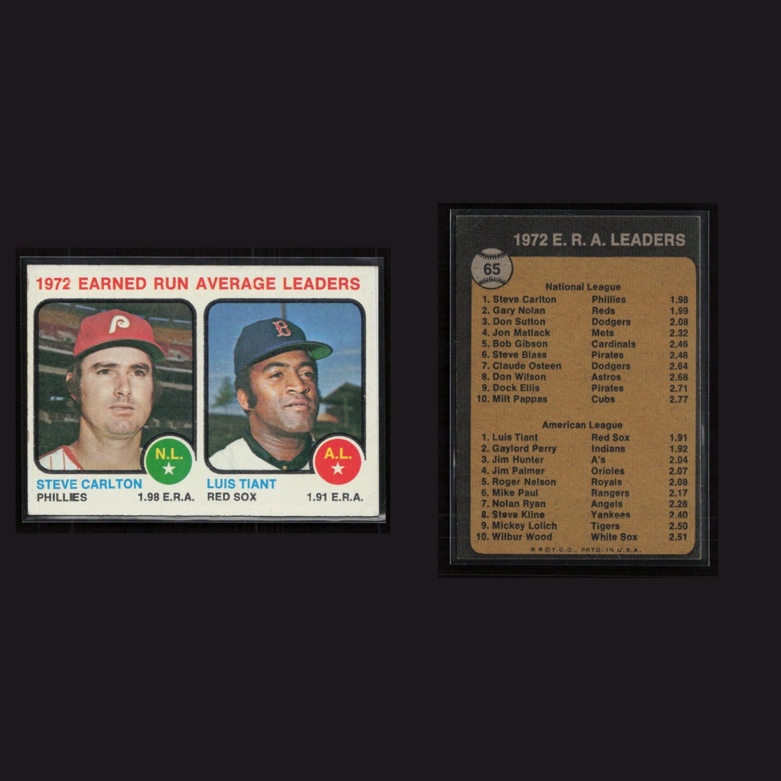 1973 Steve Carlton / Luis Tiant #65 EX-EXMINT Topps Vintage Baseball Card MLB front and back scans. Card condition is Excellent-Mint.