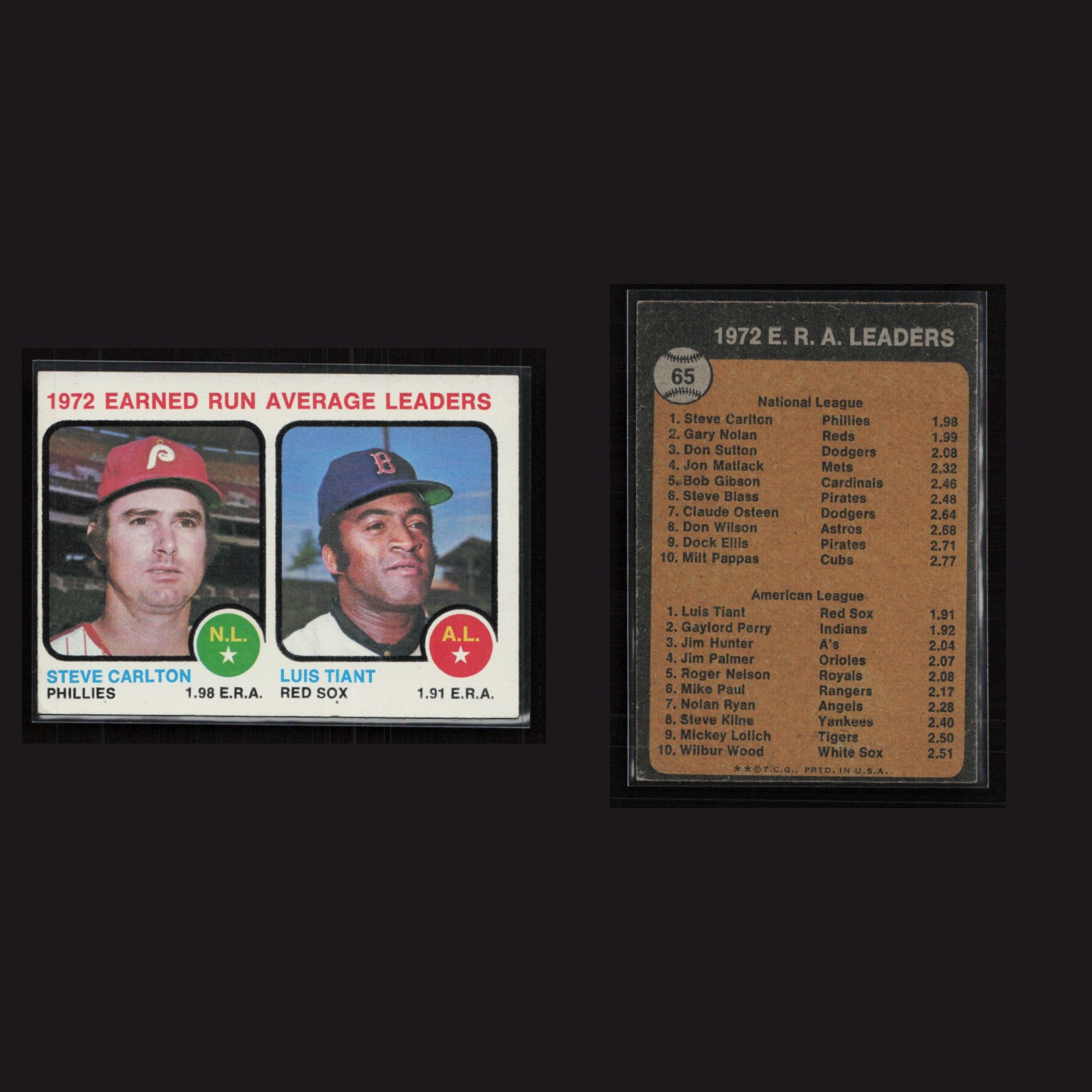 1973 Steve Carlton / Luis Tiant #65 NM Topps Phillies / Red Sox Vintage Baseball front and back scans. Card condition is Near Mint.