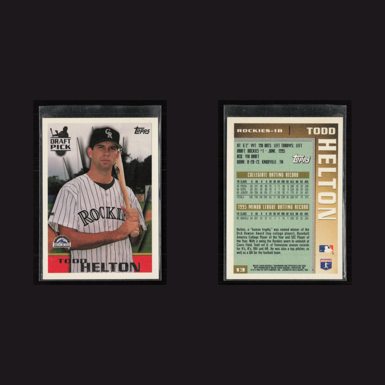1996 Todd Helton #13 NM-MT Topps Colorado Rockies Baseball Card MLB front and back scans. Card condition is Near Mint-Mint.