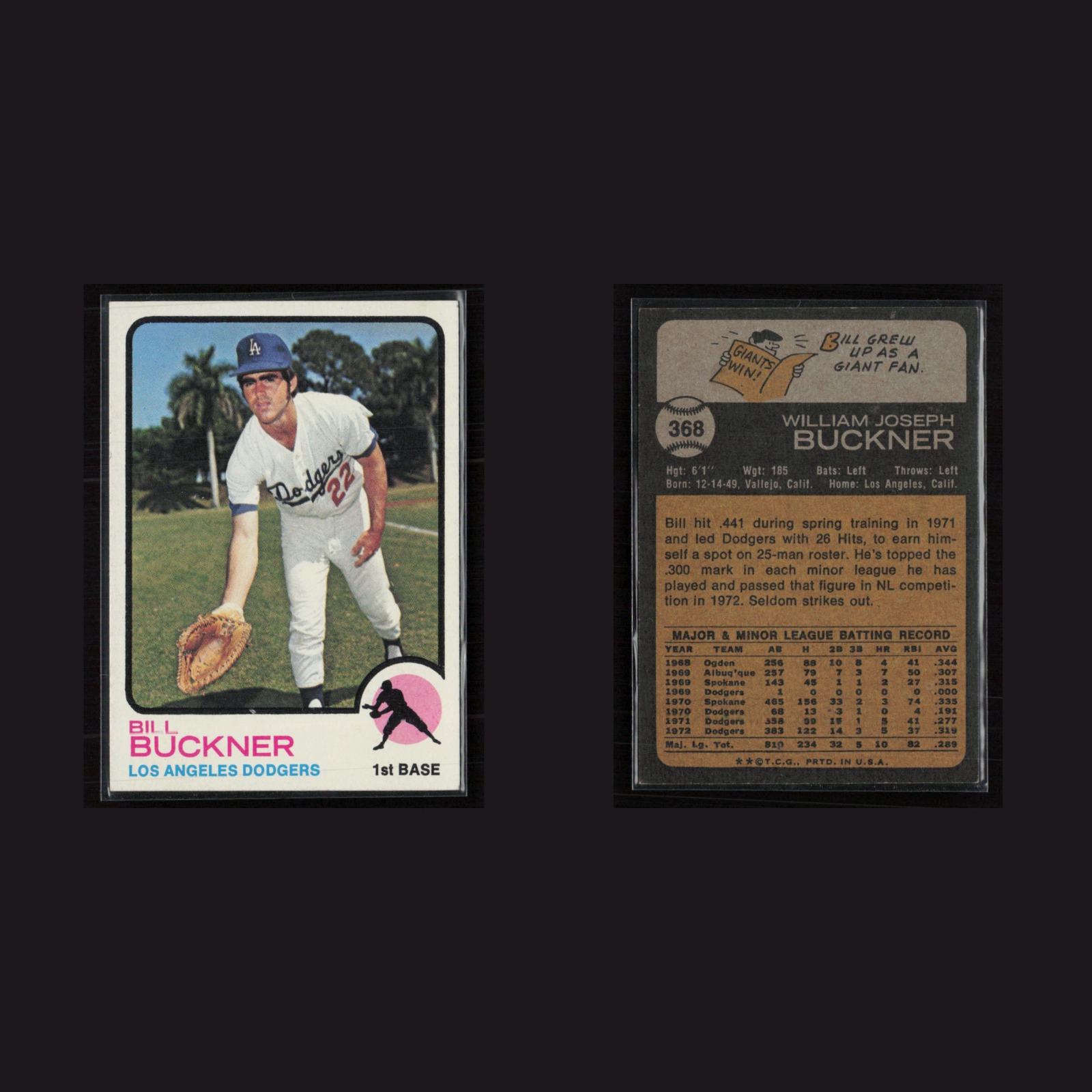1973 Bill Buckner #368 NM Topps Los Angeles Dodgers Vintage Baseball Card MLB front and back scans. Card condition is Near Mint.