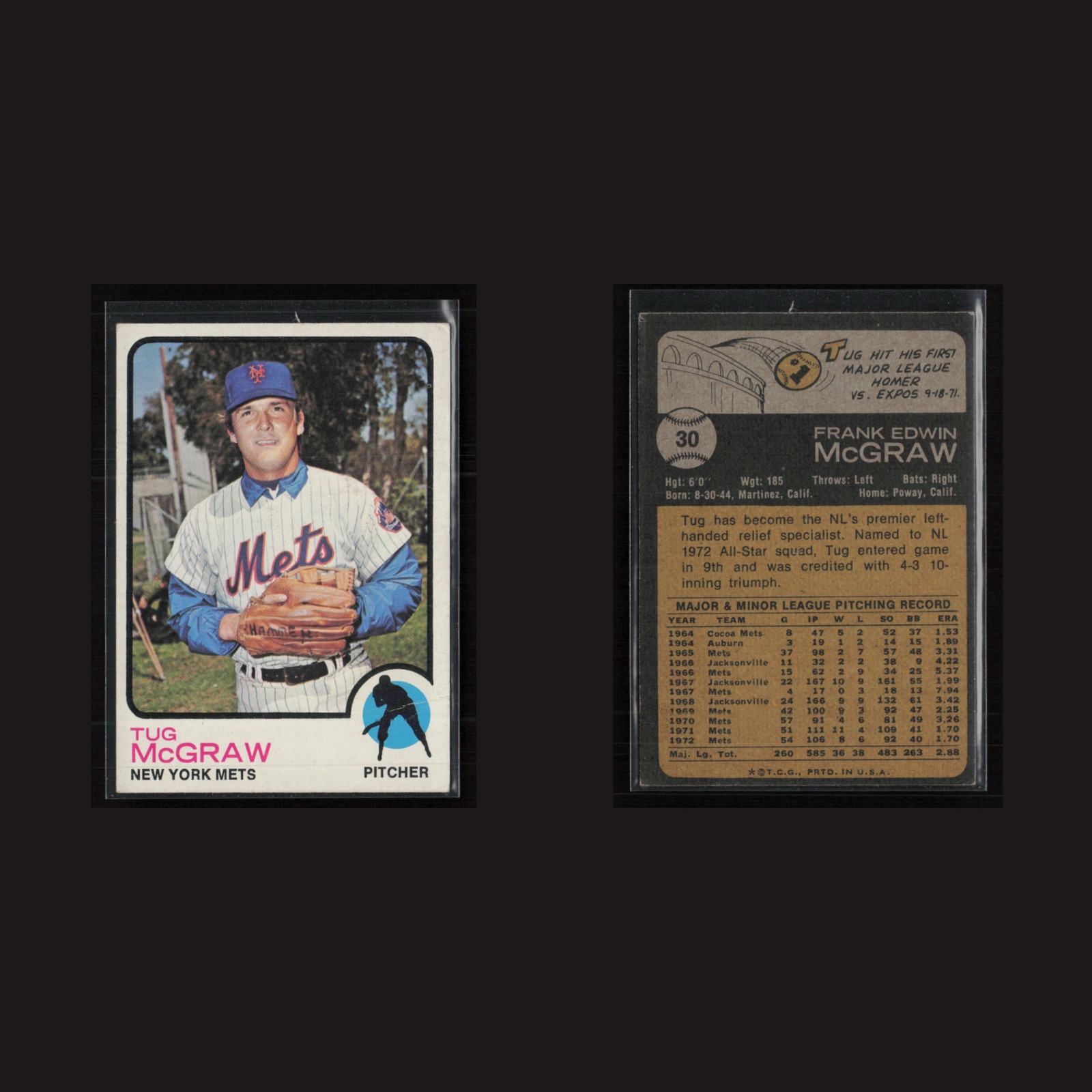 1973 Tug McGraw #30 VG-EX Topps New York Mets Vintage Baseball Card Set-Break front and back scans. Card condition is Very Good-Excellent.
