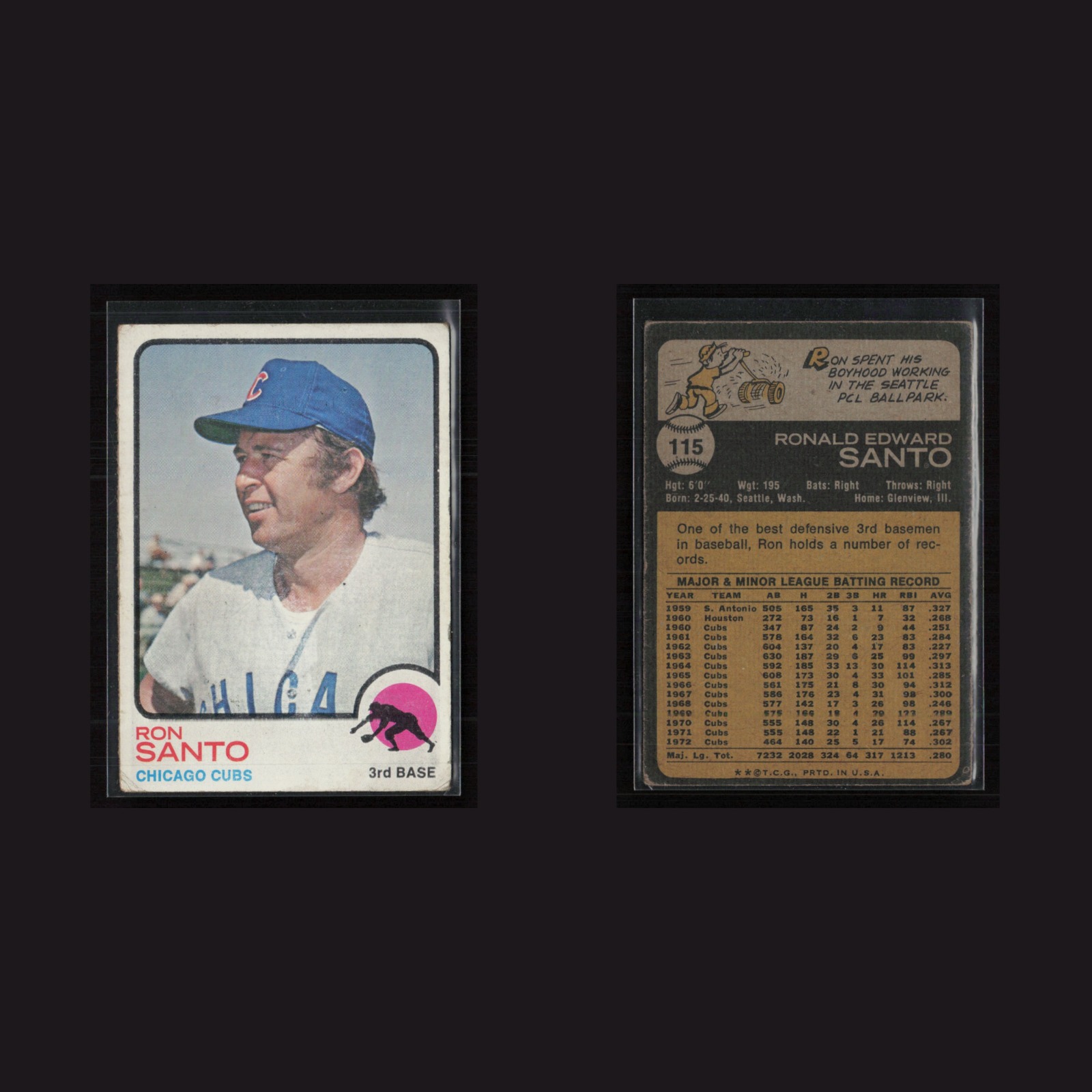 1973 Ron Santo #115 VG Topps Chicago Cubs Vintage Baseball Card Set-Break MLB front and back scans. Card condition is Very Good.