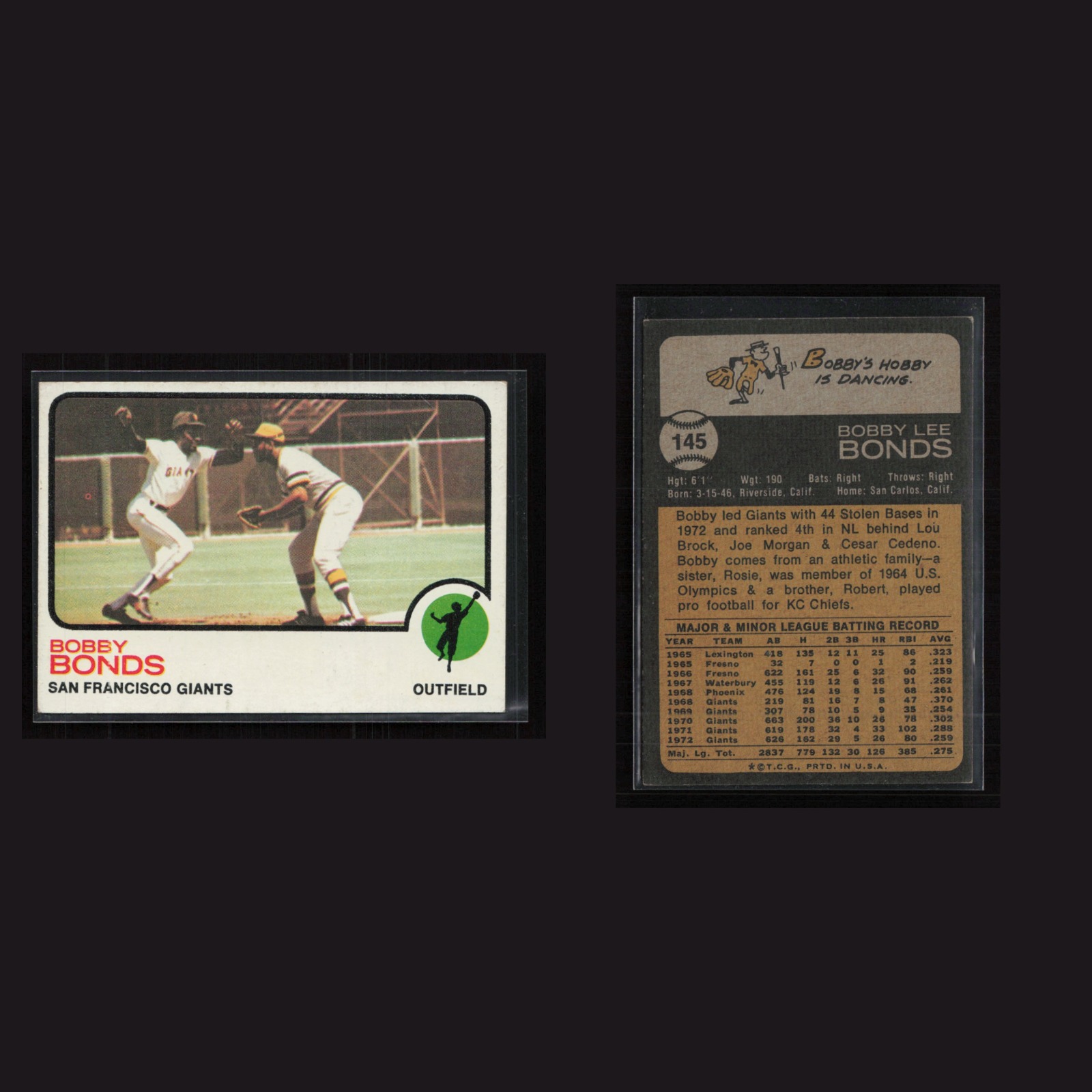 1973 Bobby Bonds #145 EX Topps San Francisco Giants Vintage Baseball Card MLB front and back scans. Card condition is Excellent.