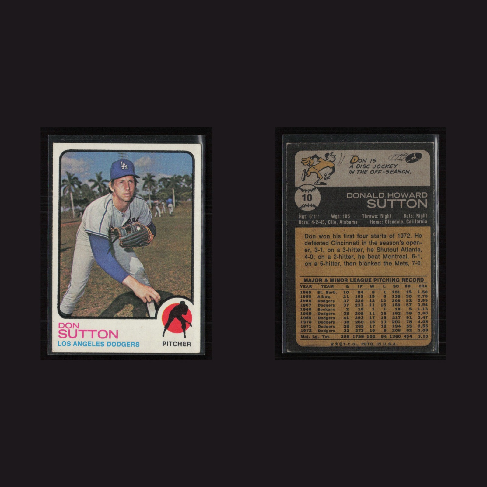 1973 Don Sutton #10 EX-EXMINT Topps Los Angeles Dodgers Vintage Baseball Card front and back scans. Card condition is Excellent-Mint.