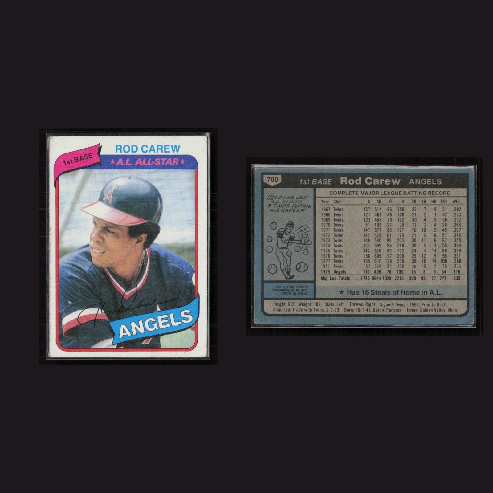 1980 Rod Carew #700 VG-EX Topps California Angels Baseball Card MLB front and back scans. Card condition is Very Good-Excellent.