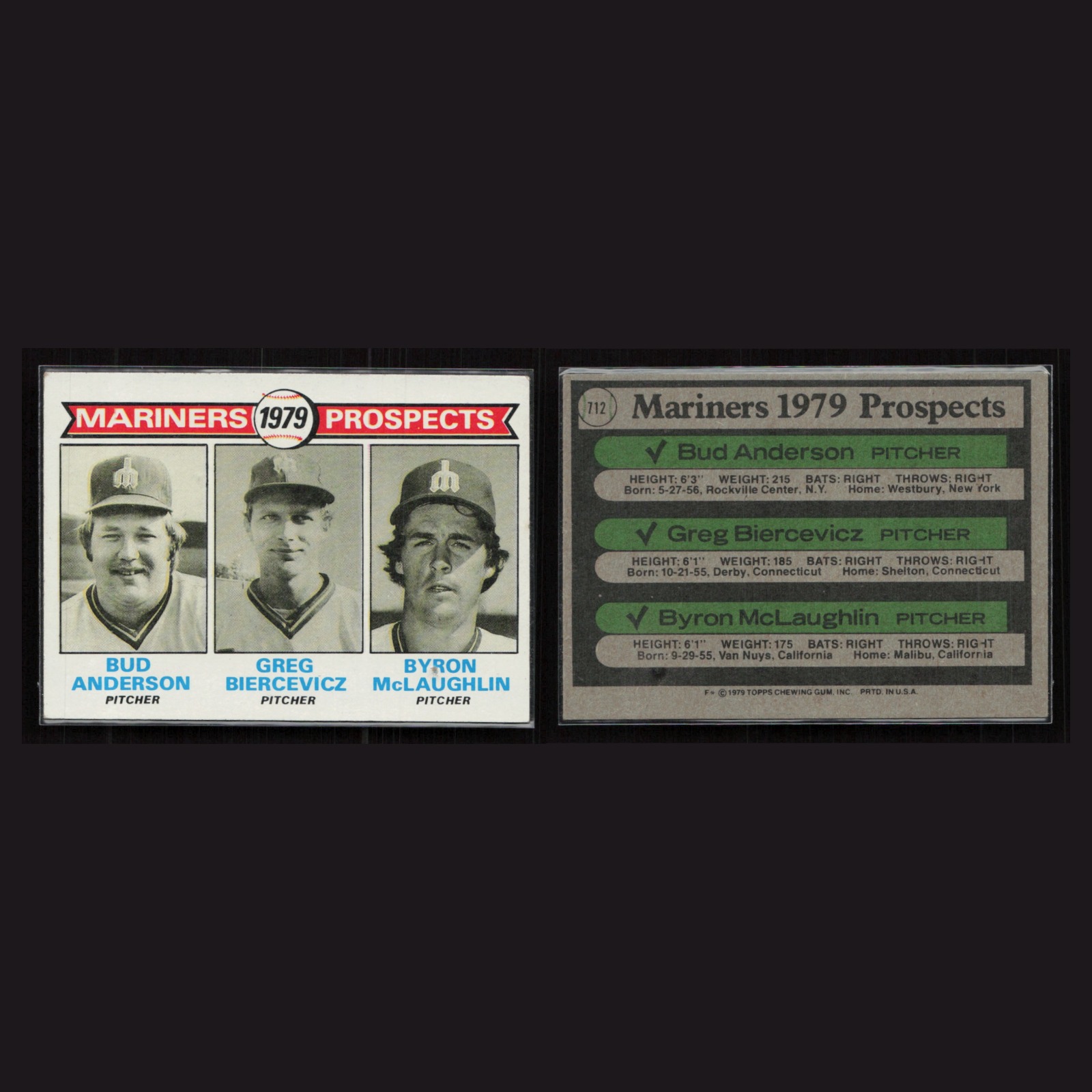 1979 Bud Anderson / Greg Biercevicz / Byron McLaughlin #712 EX-EXMINT Mariners front and back scans. Card condition is Excellent-Mint.