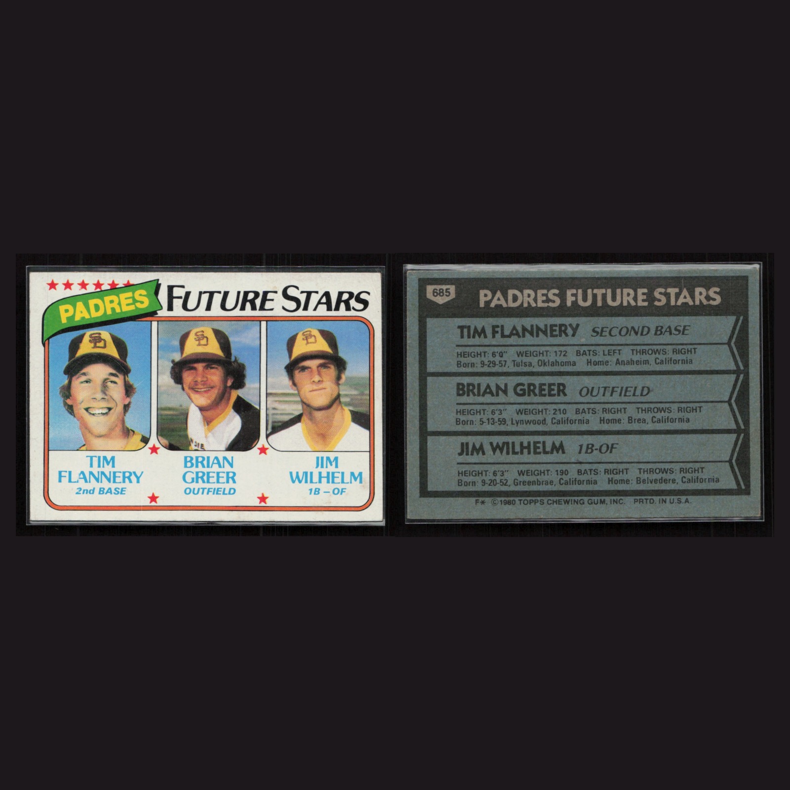 1980 Tim Flannery, Brian Greer, Jim Wilhelm #685 EX-EXMINT Topps Future Stars front and back scans. Card condition is Excellent-Mint.