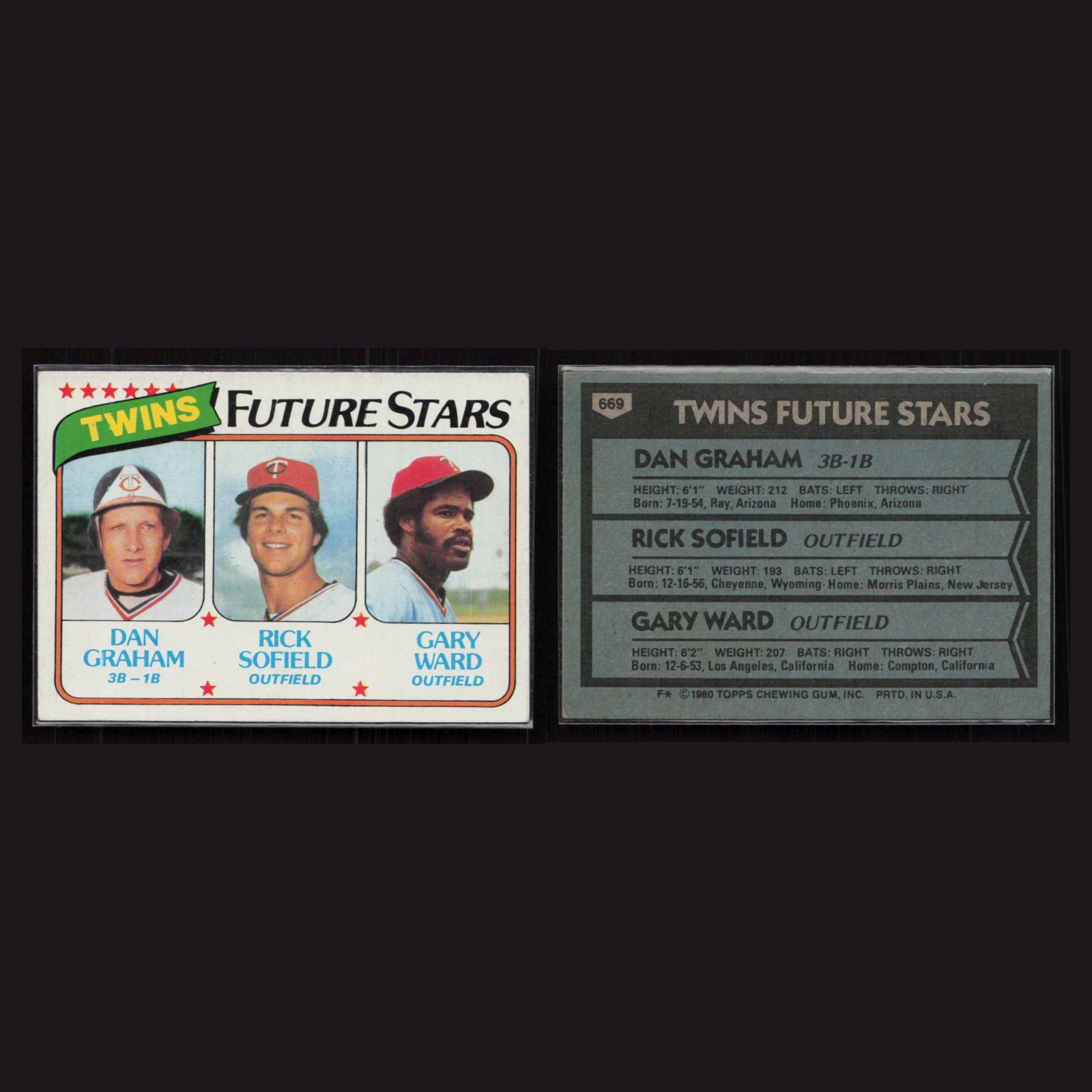 1980 Dan Graham, Rick Sofield, Gary Ward #669 EX-EXMINT Topps Twins Future Stars front and back scans. Card condition is Excellent-Mint.