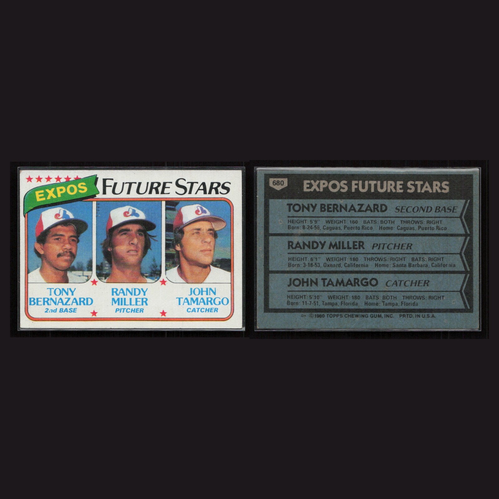 1980 Tony Bernazard, Randy Miller, John Tamargo #680 EX-EXMINT Topps Baseball front and back scans. Card condition is Excellent-Mint.