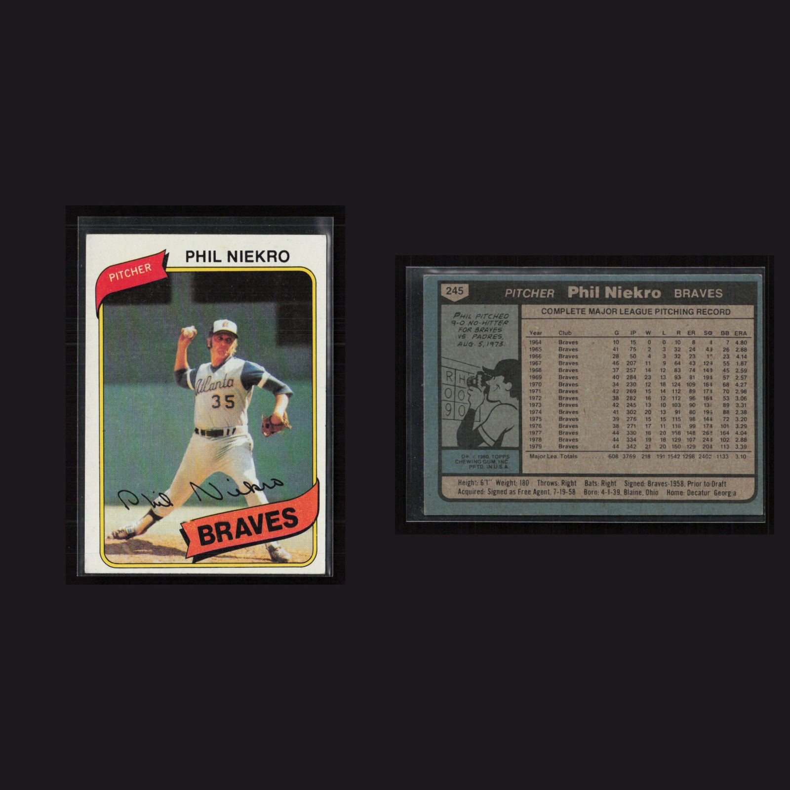 1980 Phil Niekro #245 EX-EXMINT Topps Atlanta Braves Baseball Card MLB front and back scans. Card condition is Excellent-Mint.
