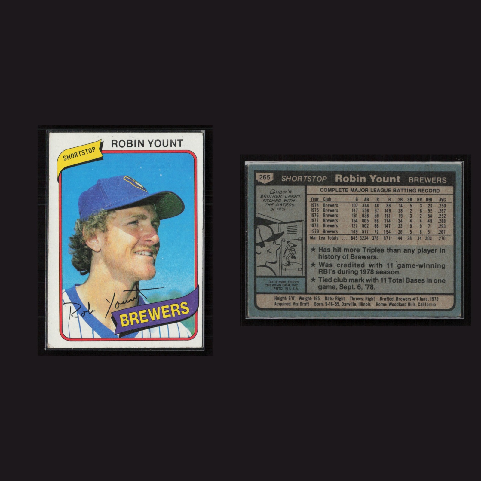 1980 Robin Yount #265 EX Topps Milwaukee Brewers Baseball Card MLB front and back scans. Card condition is Excellent+.
