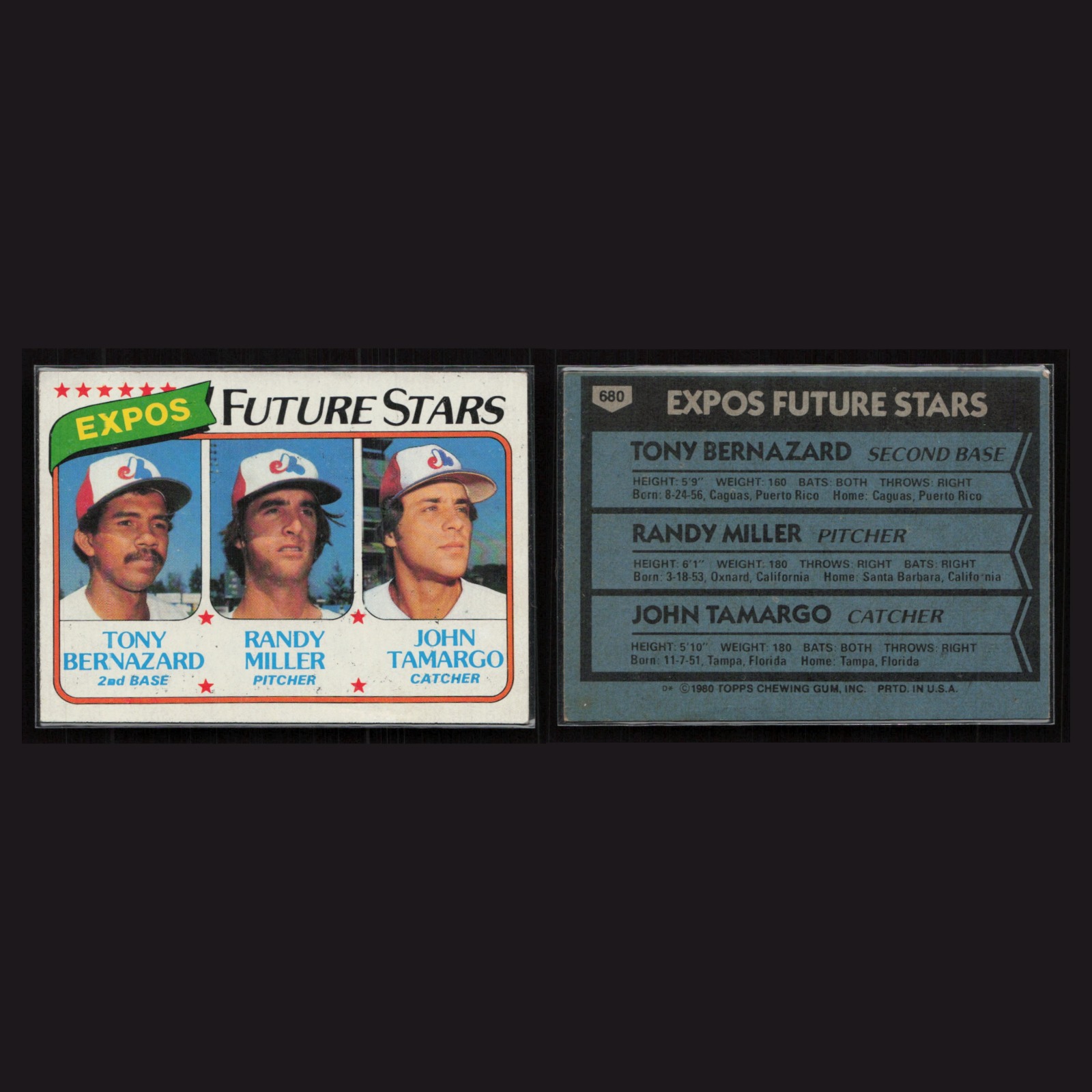 1980 Tony Bernazard / Randy Miller / John Tamargo #680 EX Expos Future Stars MLB front and back scans. Card condition is Excellent.