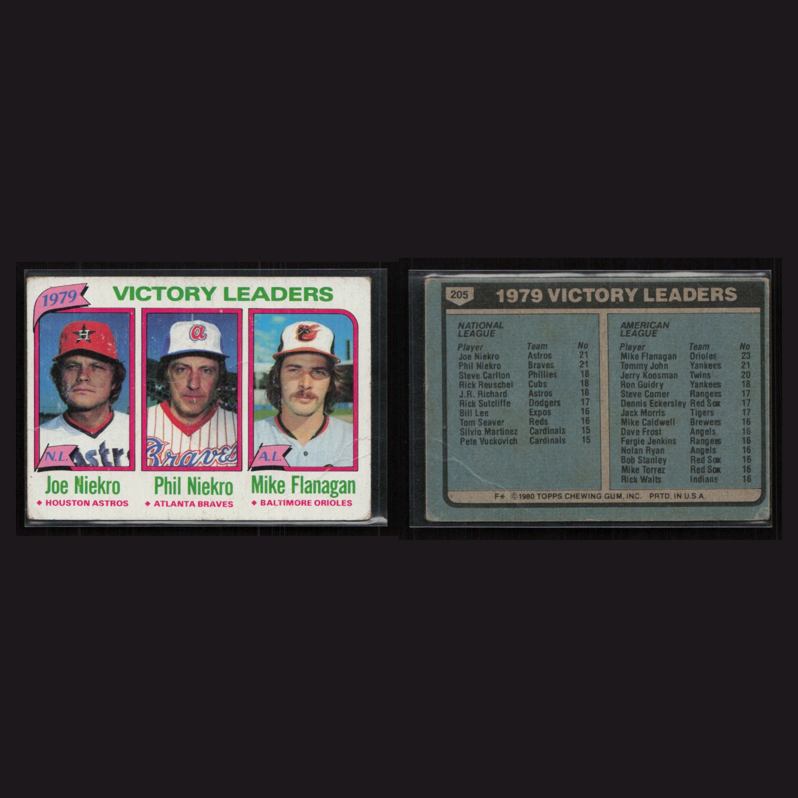 1980 Joe Niekro, Phil Niekro, Mike Flanagan #205 VG Topps Victory Leaders Card front and back scans. Card condition is Very Good.