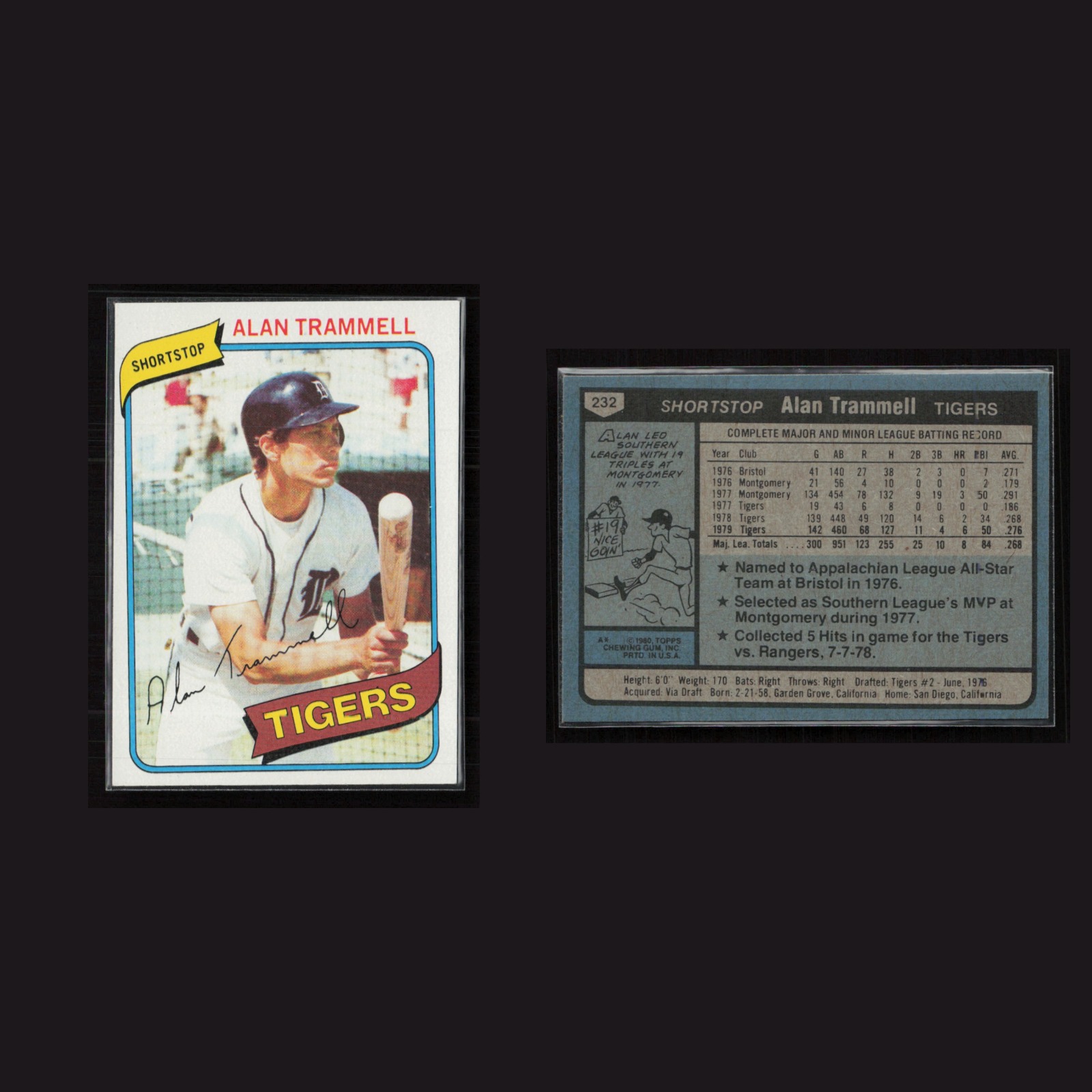 1980 Alan Trammell #232 NM-MT Topps Detroit Tigers Baseball Card MLB front and back scans. Card condition is Near Mint-Mint.