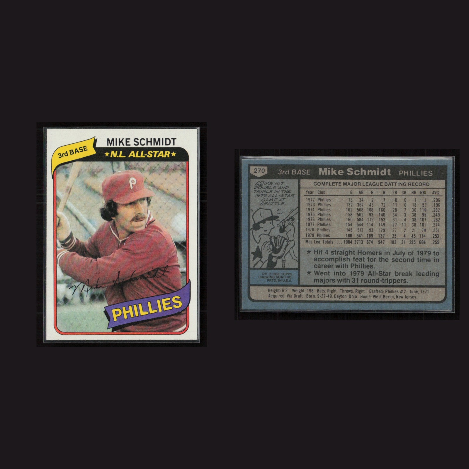1980 Mike Schmidt #270 NM-MT Topps Philadelphia Phillies Baseball Card MLB front and back scans. Card condition is Near Mint-Mint.