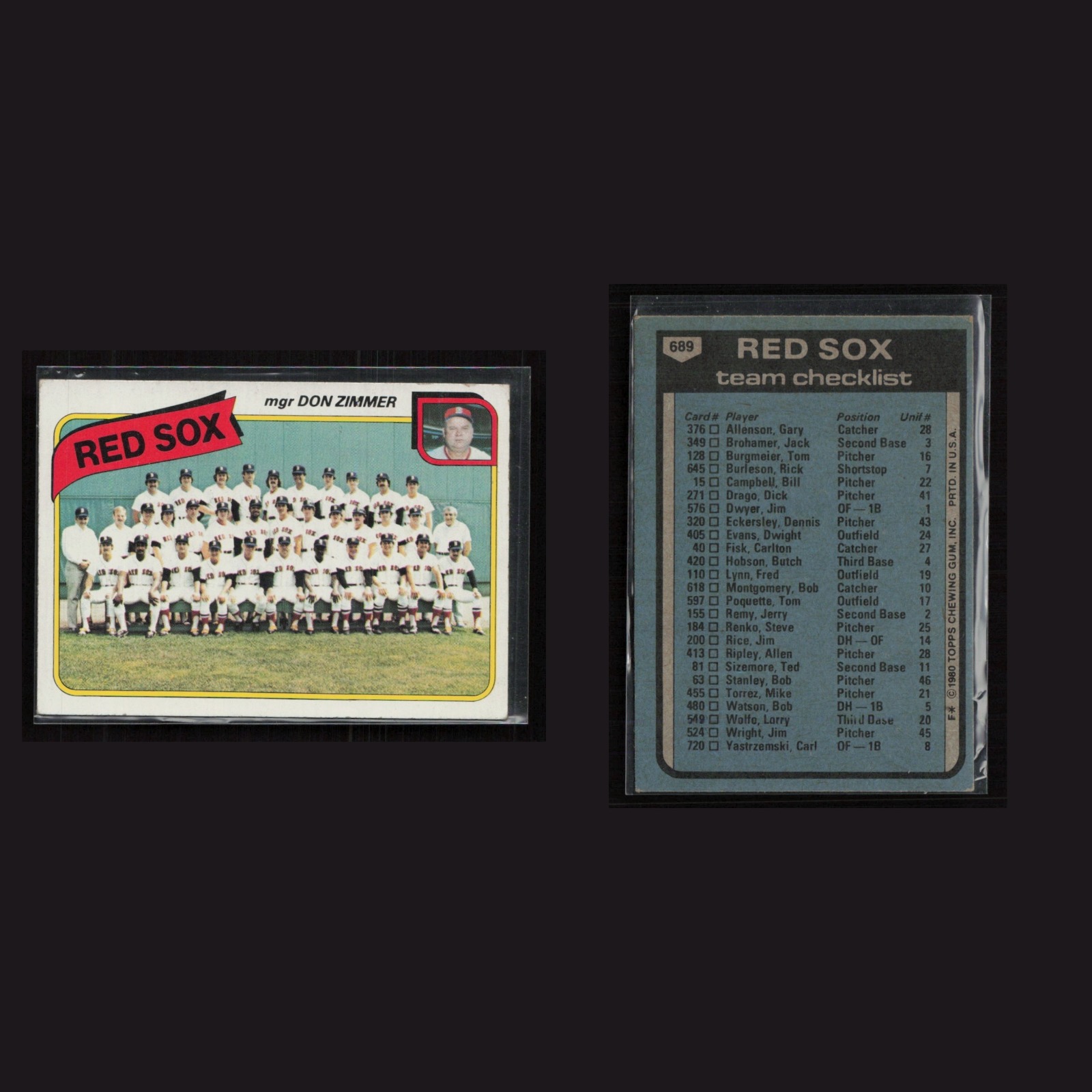 1980 Red Sox Team Checklist #689 EX Topps Boston Red Sox Baseball Card MLB front and back scans. Card condition is Excellent.