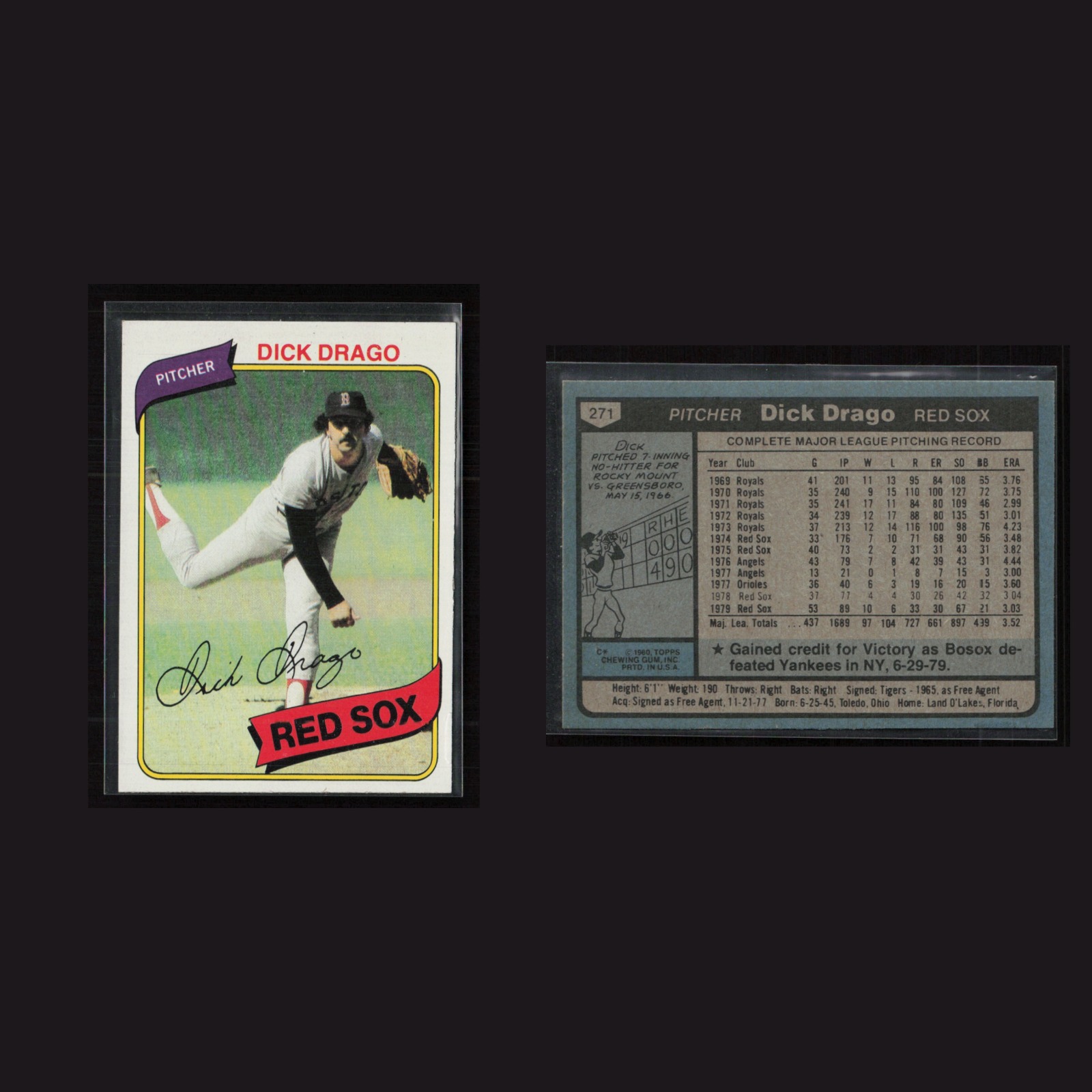 1980 Dick Drago #271 EX-EXMINT Topps Boston Red Sox Baseball Card MLB front and back scans. Card condition is Excellent-Near Mint.