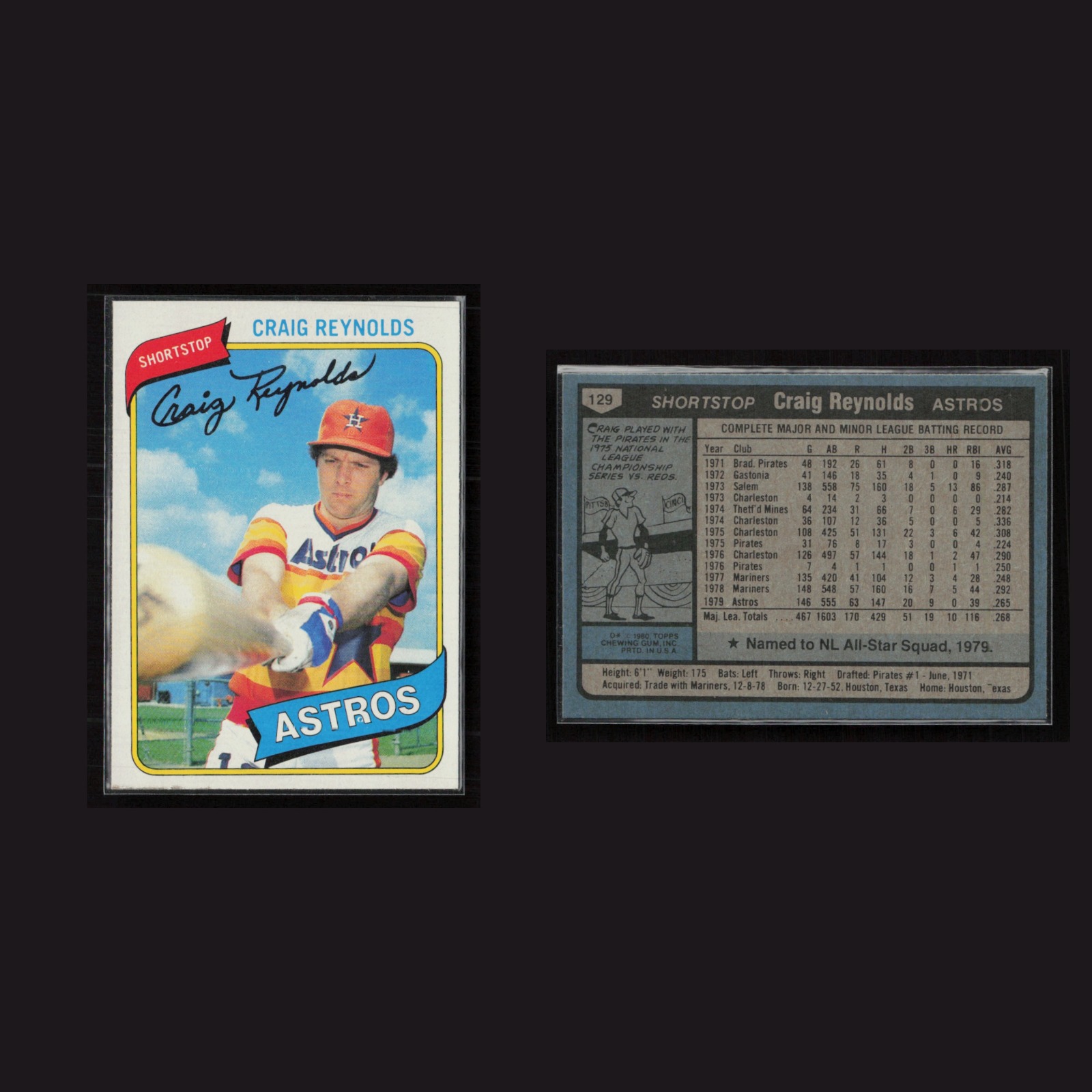 1980 Craig Reynolds #129 EX Topps Houston Astros Baseball Card MLB front and back scans. Card condition is Excellent+.