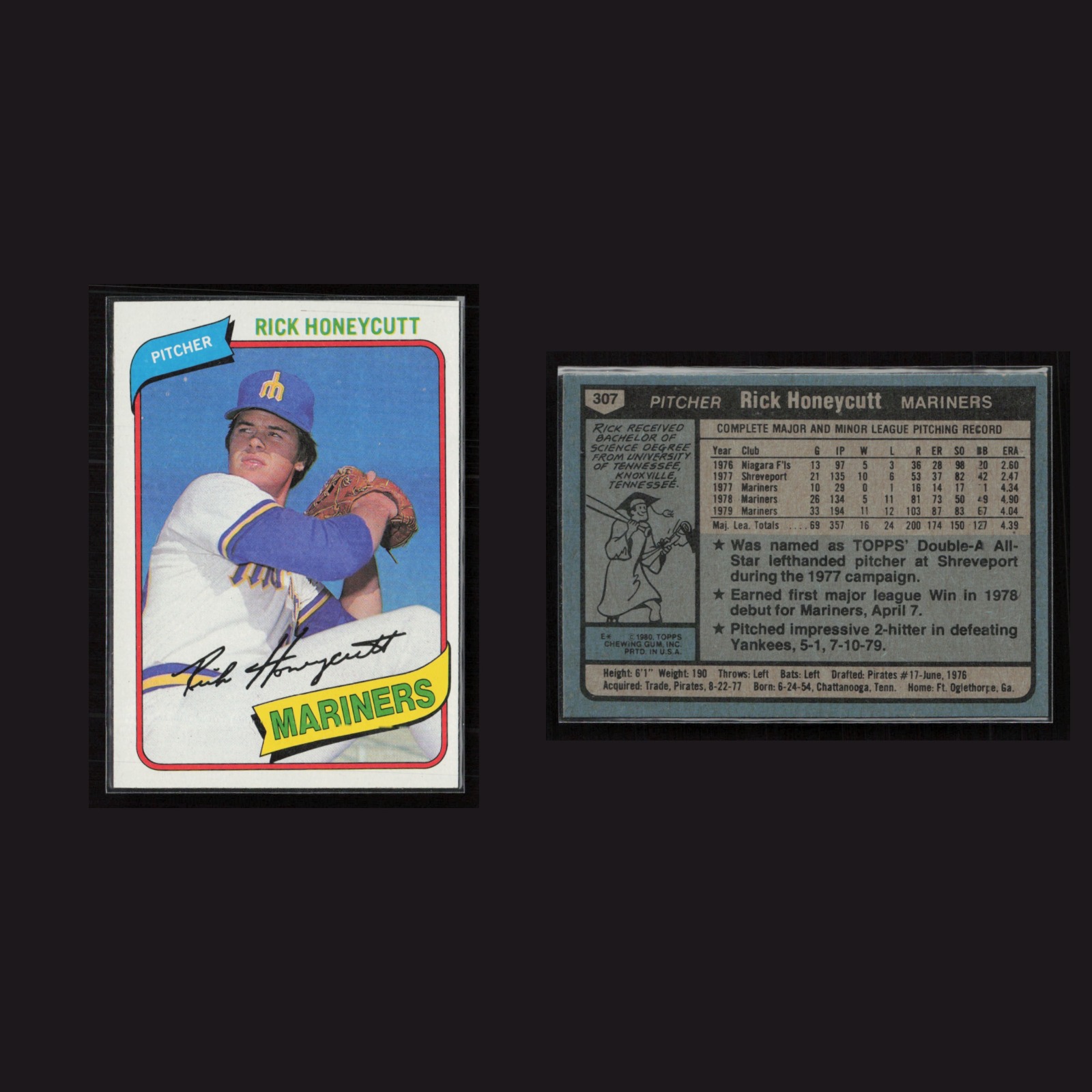 1980 Rick Honeycutt #307 EX-EXMINT Topps Seattle Mariners Baseball Card MLB front and back scans. Card condition is Excellent-Near Mint.