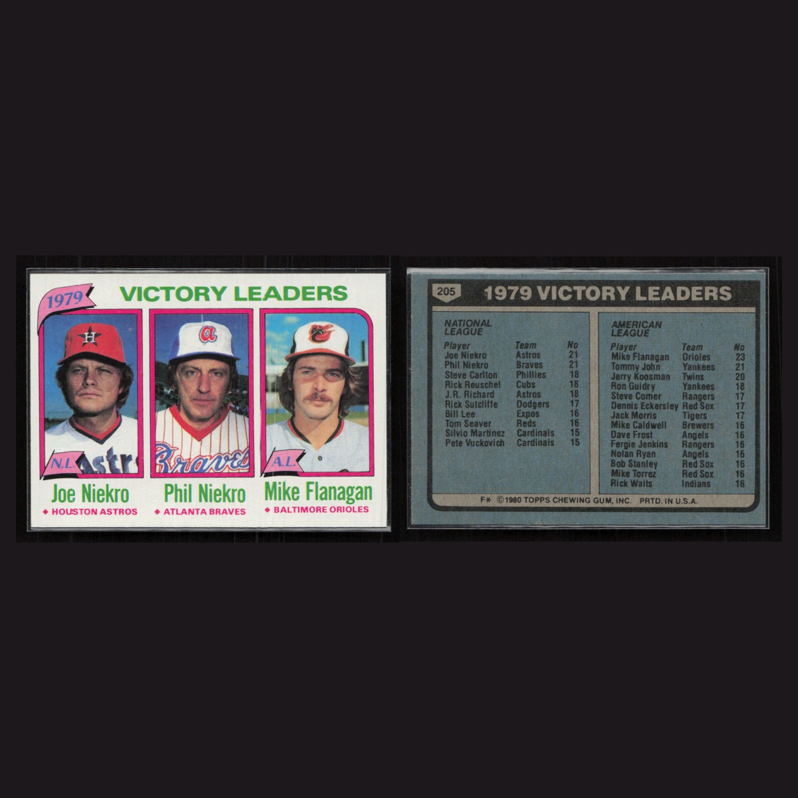 1980 Joe Niekro, Phil Niekro, Mike Flanagan #205 EX-EXMINT Topps Victory Leaders front and back scans. Card condition is Excellent-Near Mint.