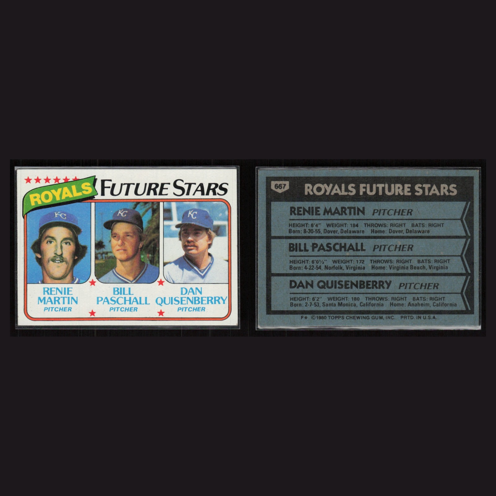 1980 Renie Martin, Bill Paschall, Dan Quisenberry #667 EX Topps Future Stars MLB front and back scans. Card condition is Excellent+.