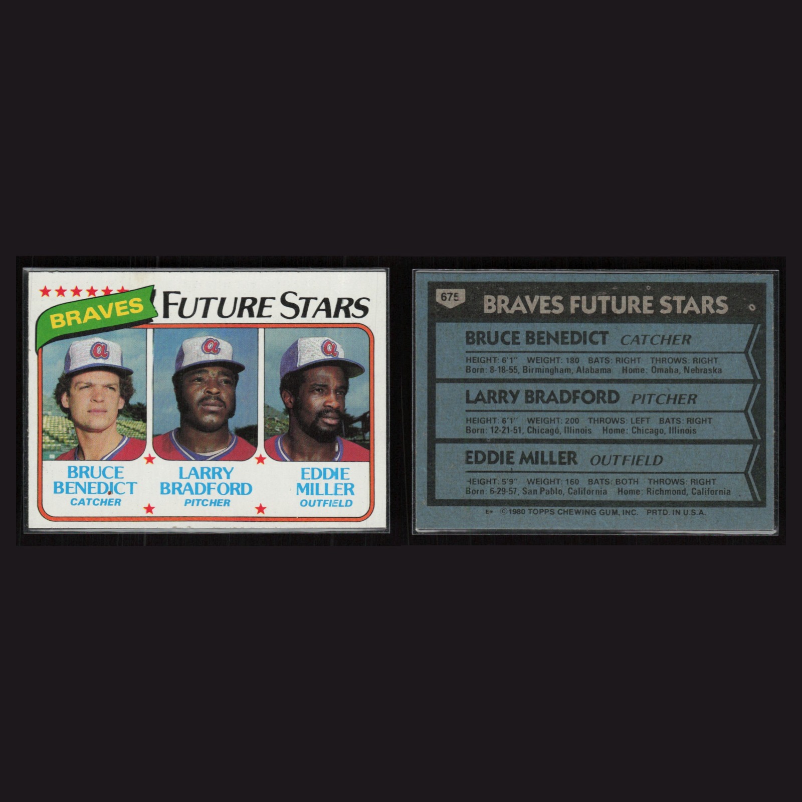 1980 Bruce Benedict / Larry Bradford / Eddie Miller #675 EX Topps Future Stars front and back scans. Card condition is Excellent+.