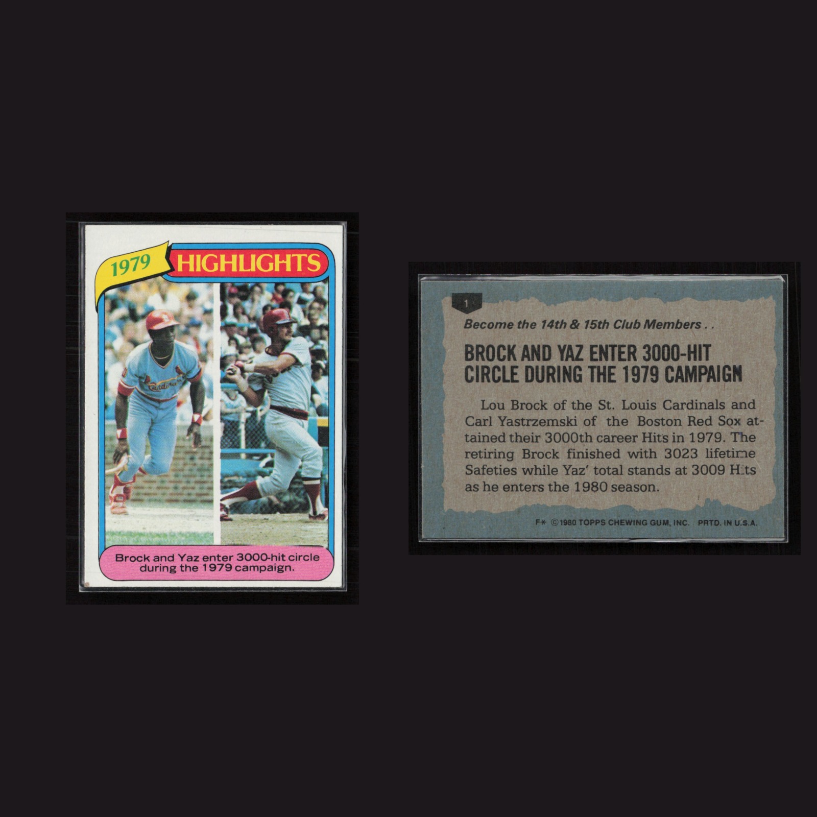 1980 Lou Brock, Carl Yastrzemski #1 EX-EXMINT Topps Highlights Baseball Card MLB front and back scans. Card condition is Excellent-Mint.