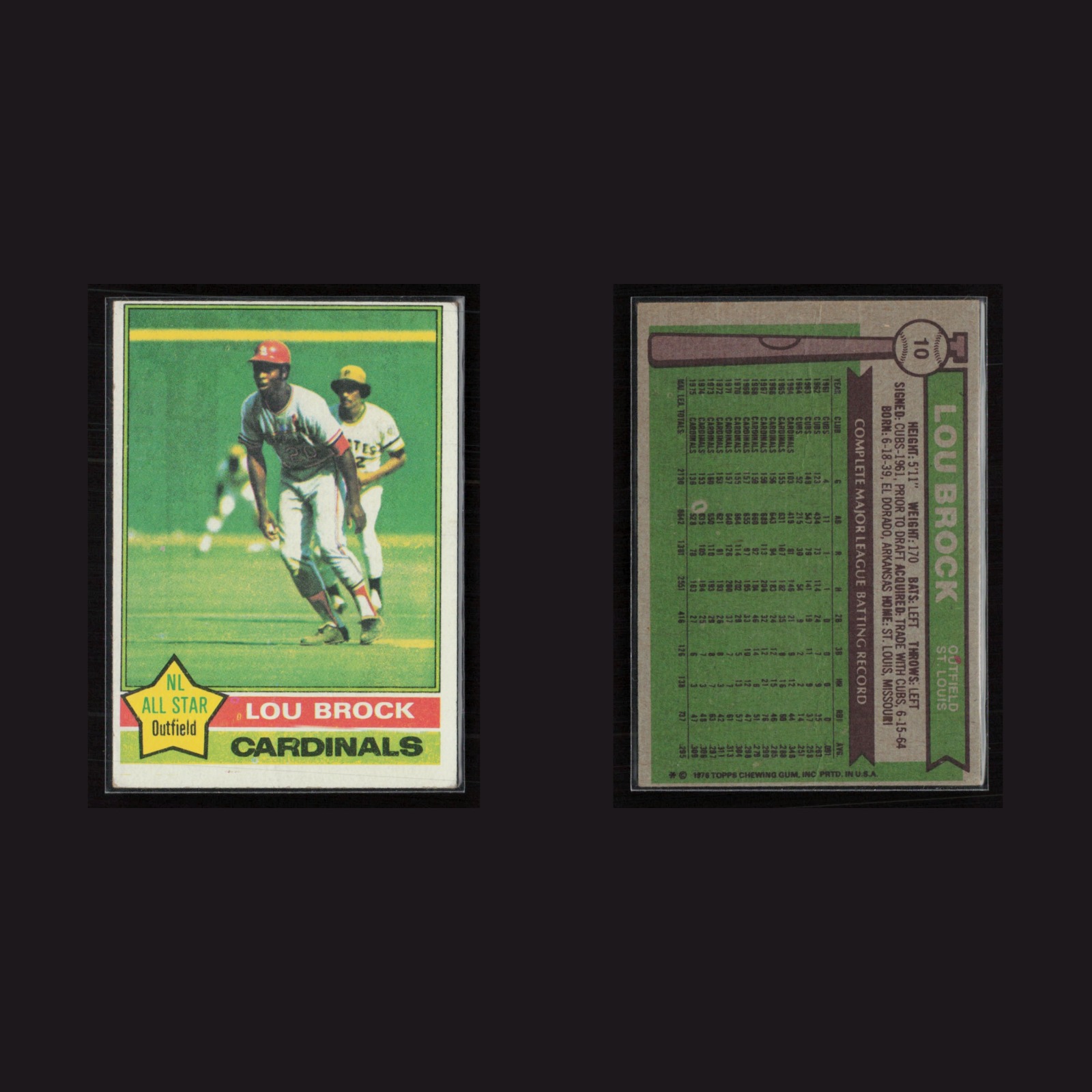 1976 Lou Brock #10 EX Topps St. Louis Cardinals Vintage Baseball Card Set-Break front and back scans. Card condition is Excellent.