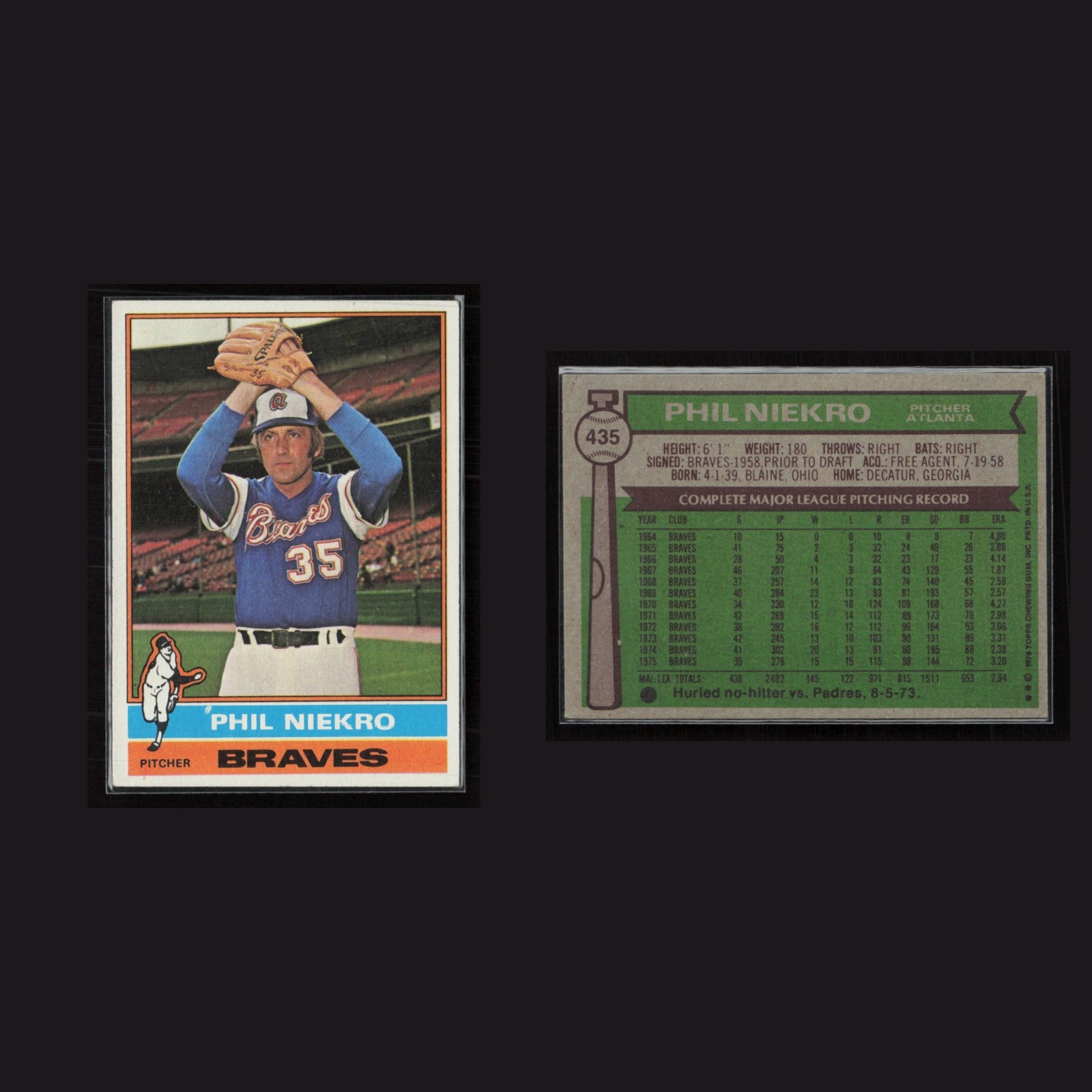 1976 Phil Niekro #435 EX Topps Atlanta Braves Vintage Baseball Card Set-Break front and back scans. Card condition is Excellent+.
