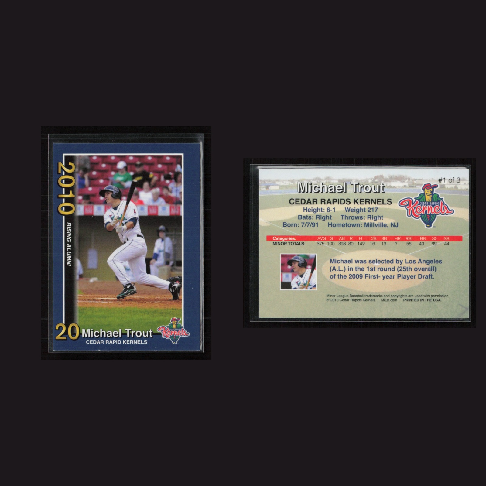 2010 Michael Trout #1 NM-MT Cedar Rapids Kernels Rising Alumni Baseball Card MLB front and back scans. Card condition is Near Mint-Mint.