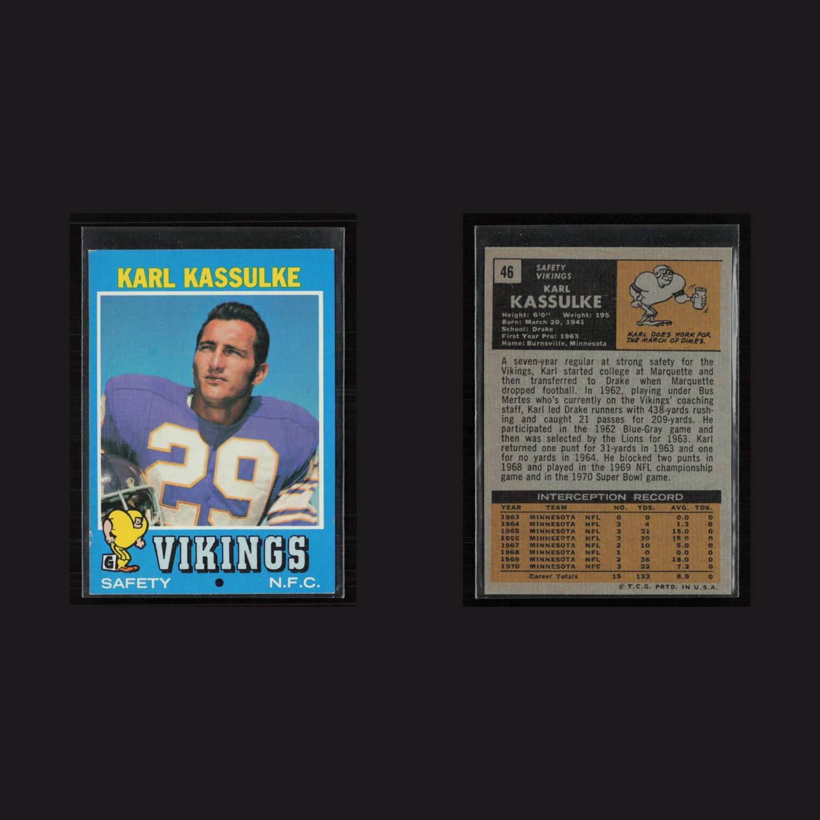 1971 Topps #46 Karl Kassulke -EX Set Break! front and back scans