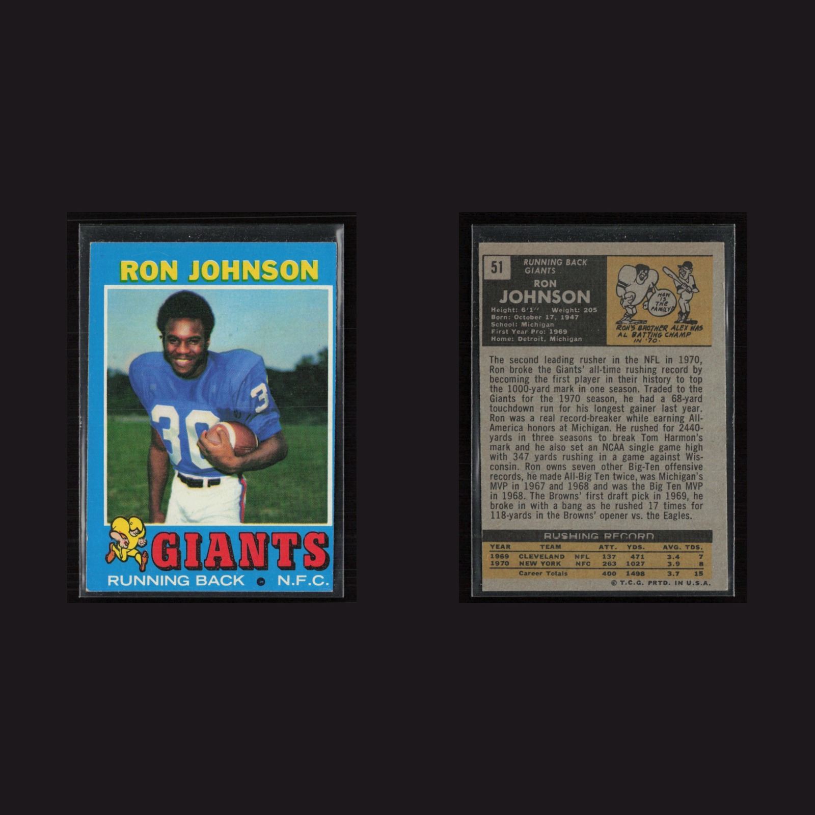 1971 Topps #51 Ron Johnson -EX Set Break! front and back scans