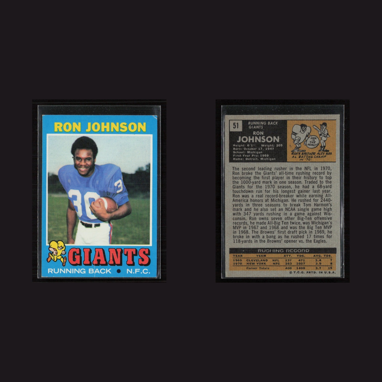 1971 Topps #51 Ron Johnson -EX/NM Set Break! front and back scans
