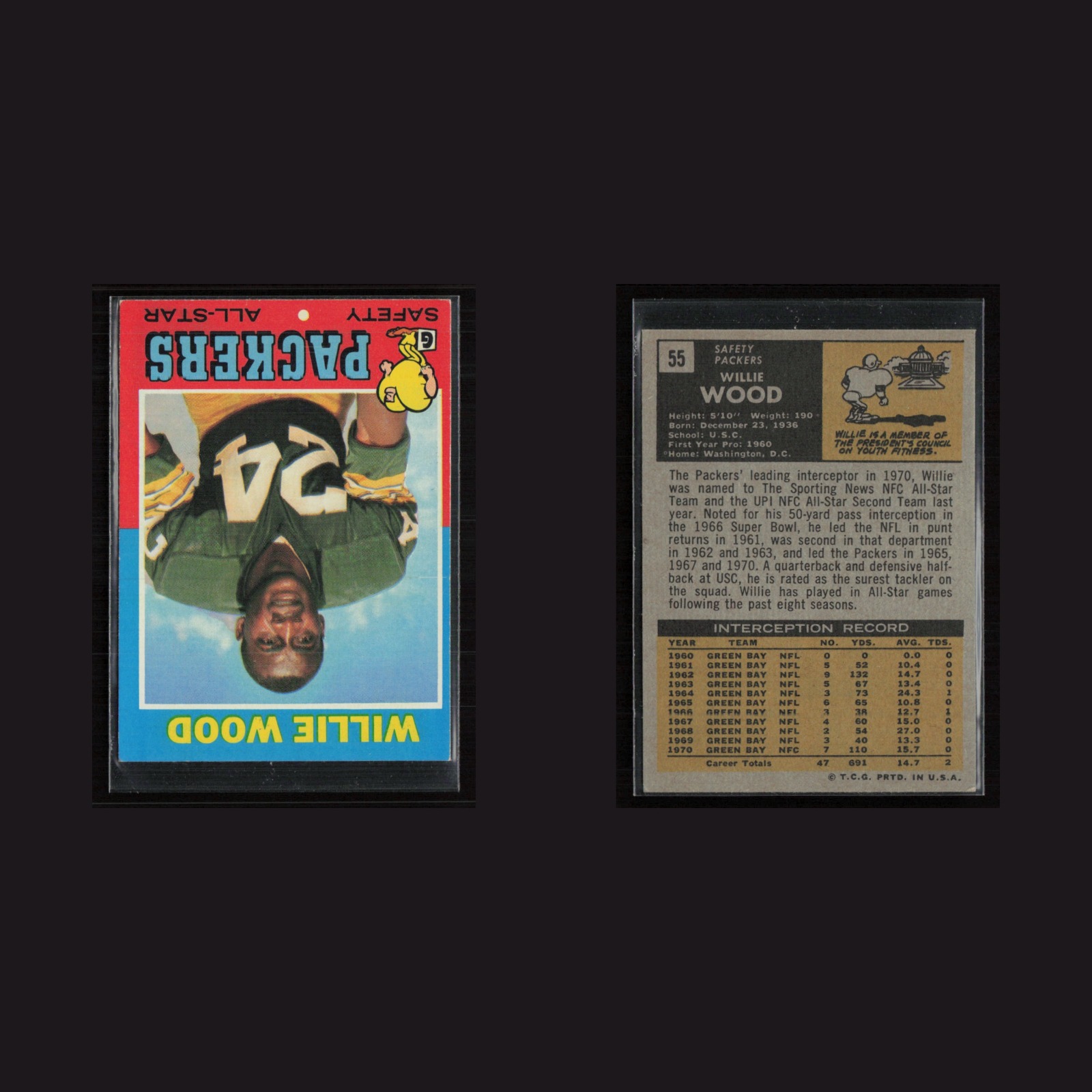 1971 Topps #55 Willie Wood -EX/MT Set Break! front and back scans