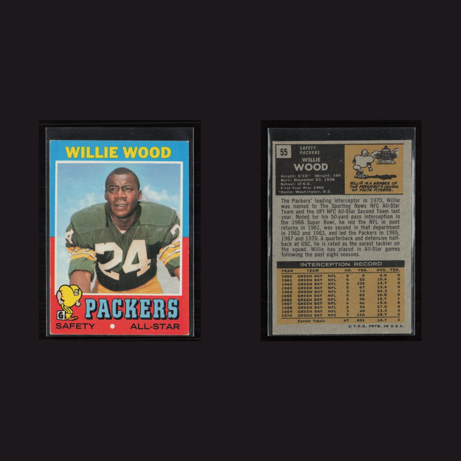 1971 Topps #55 Willie Wood -EX+ Set Break! front and back scans