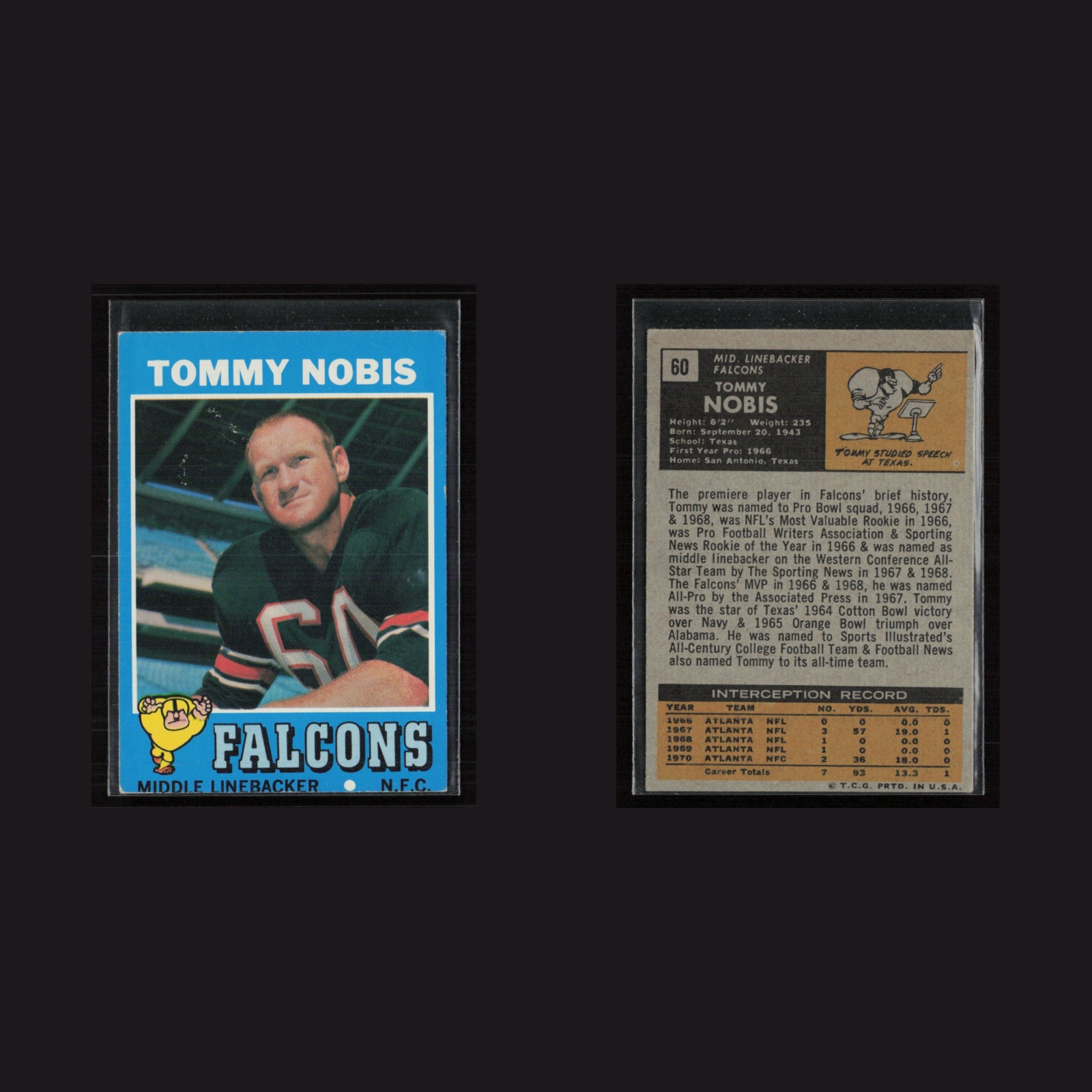 1971 Topps #60 Tommy Nobis -EX Set Break! front and back scans