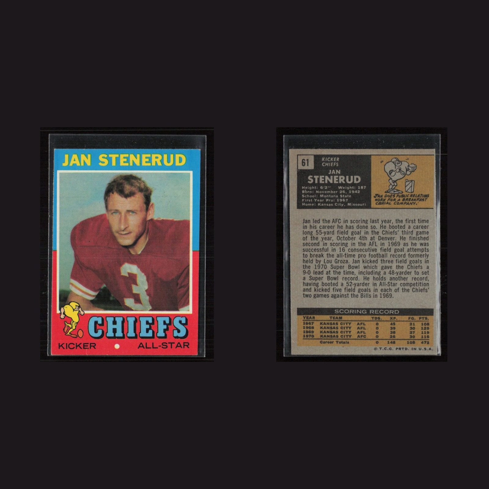 1971 Topps #61 Jan Stenerud -EX+ Set Break! front and back scans