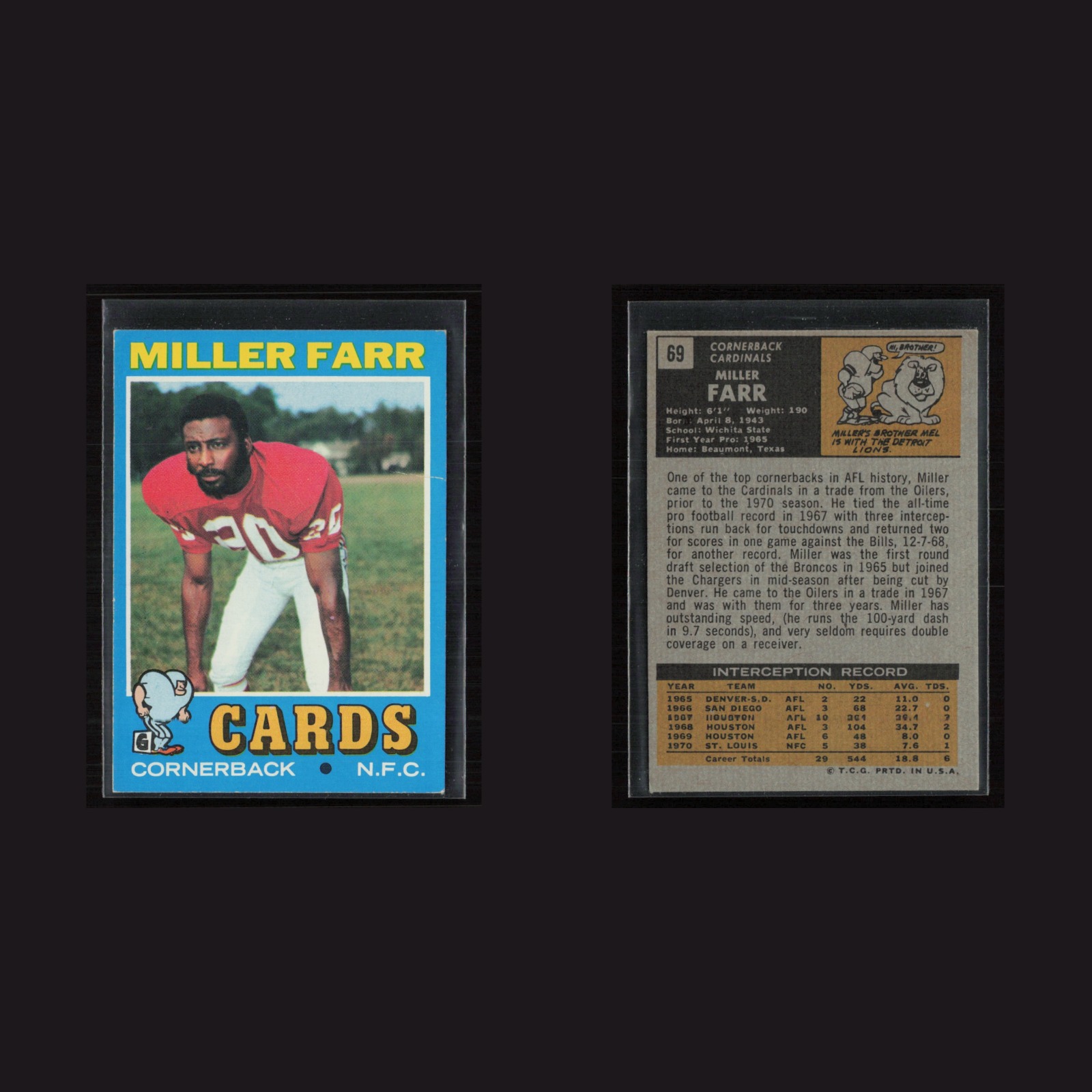 1971 Topps #69 Miller Farr -EX/NM Set Break! front and back scans
