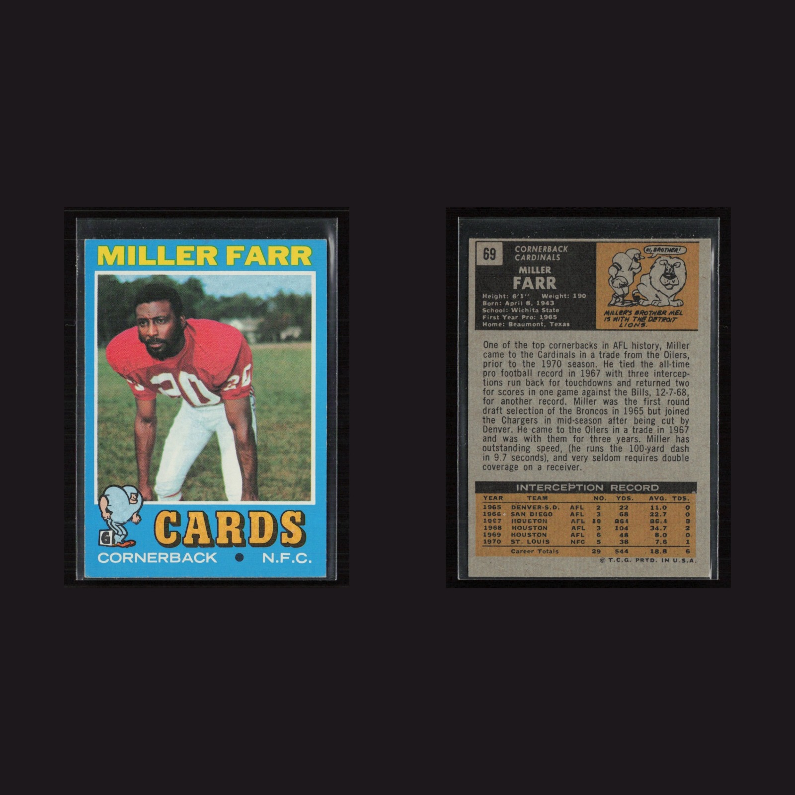 1971 Topps #69 Miller Farr -EX+ Set Break! front and back scans